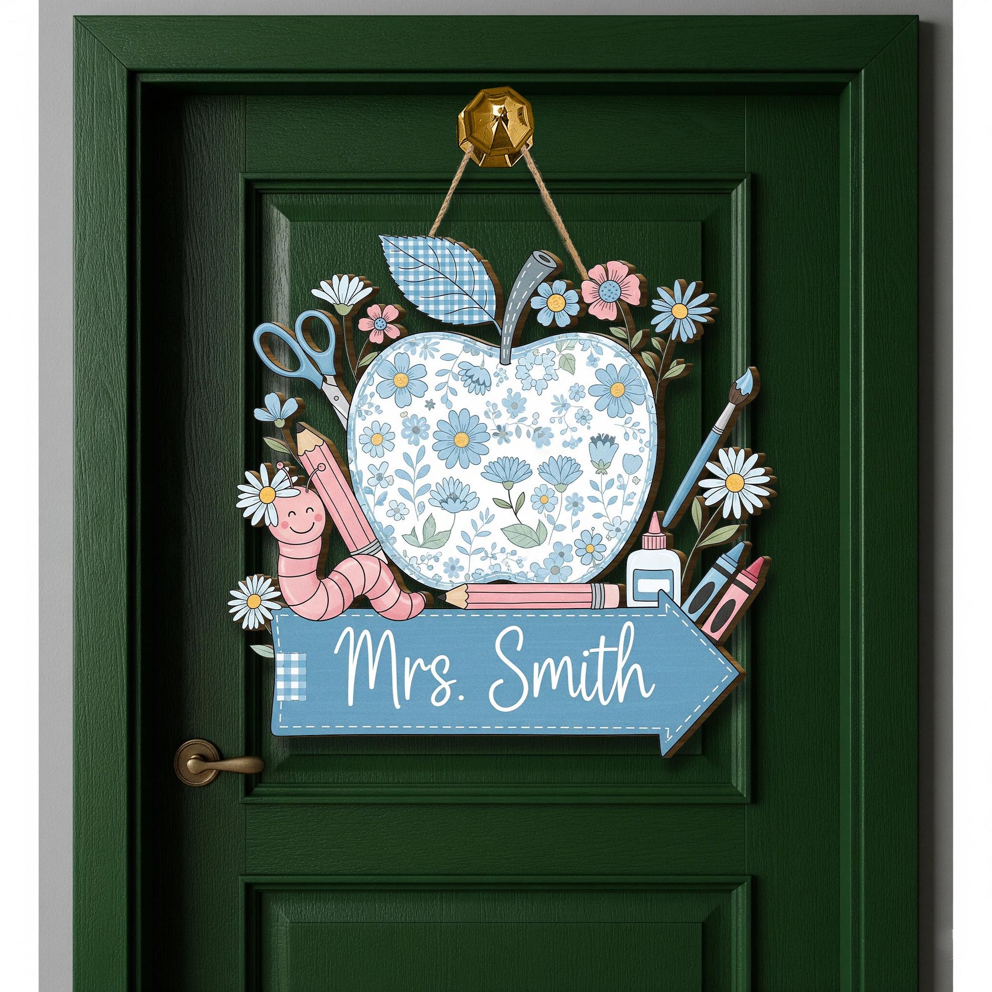 Personalized Teacher Door Sign with Floral Apple – Custom Classroom Decor with Name, Back to School Gift for Teachers, Chinoiserie Flowers