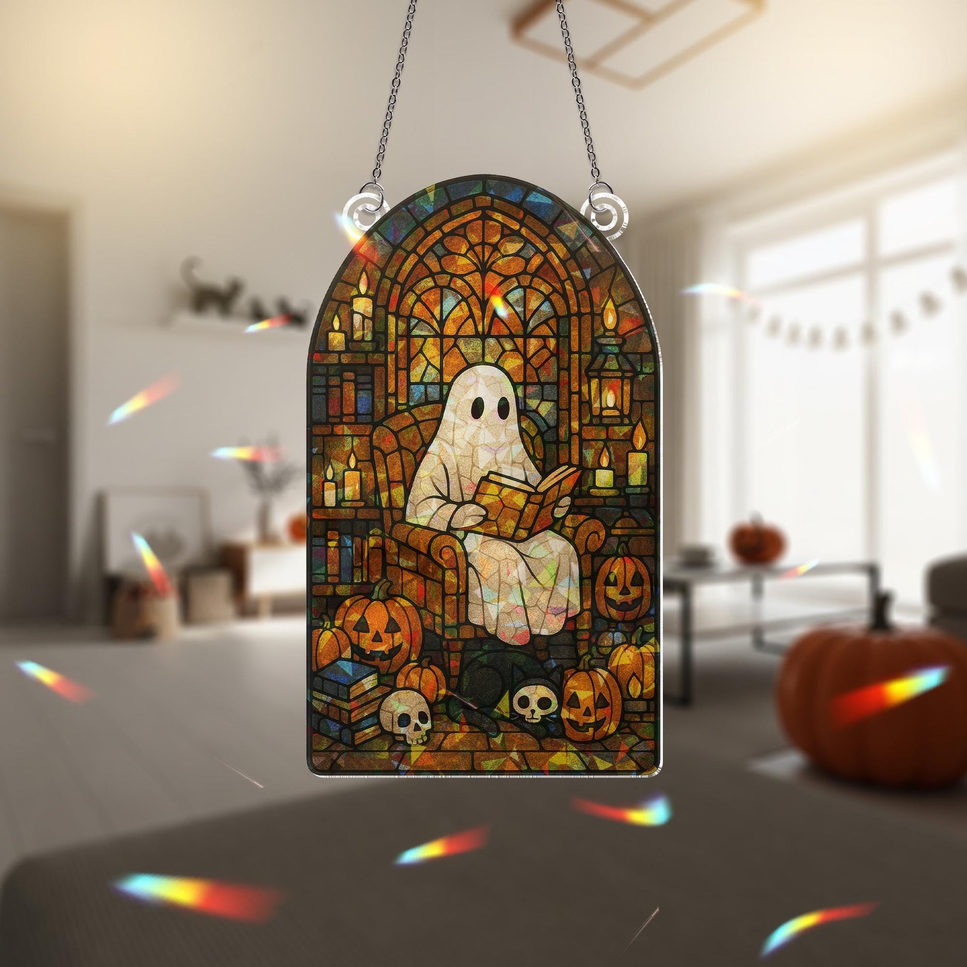 Ghost Reading Acrylic Sun Catcher, Halloween Reading Ghost Acrylic Decor, Spooky Gothic Window Hanging, Pumpkin & Skull Book Nook Art