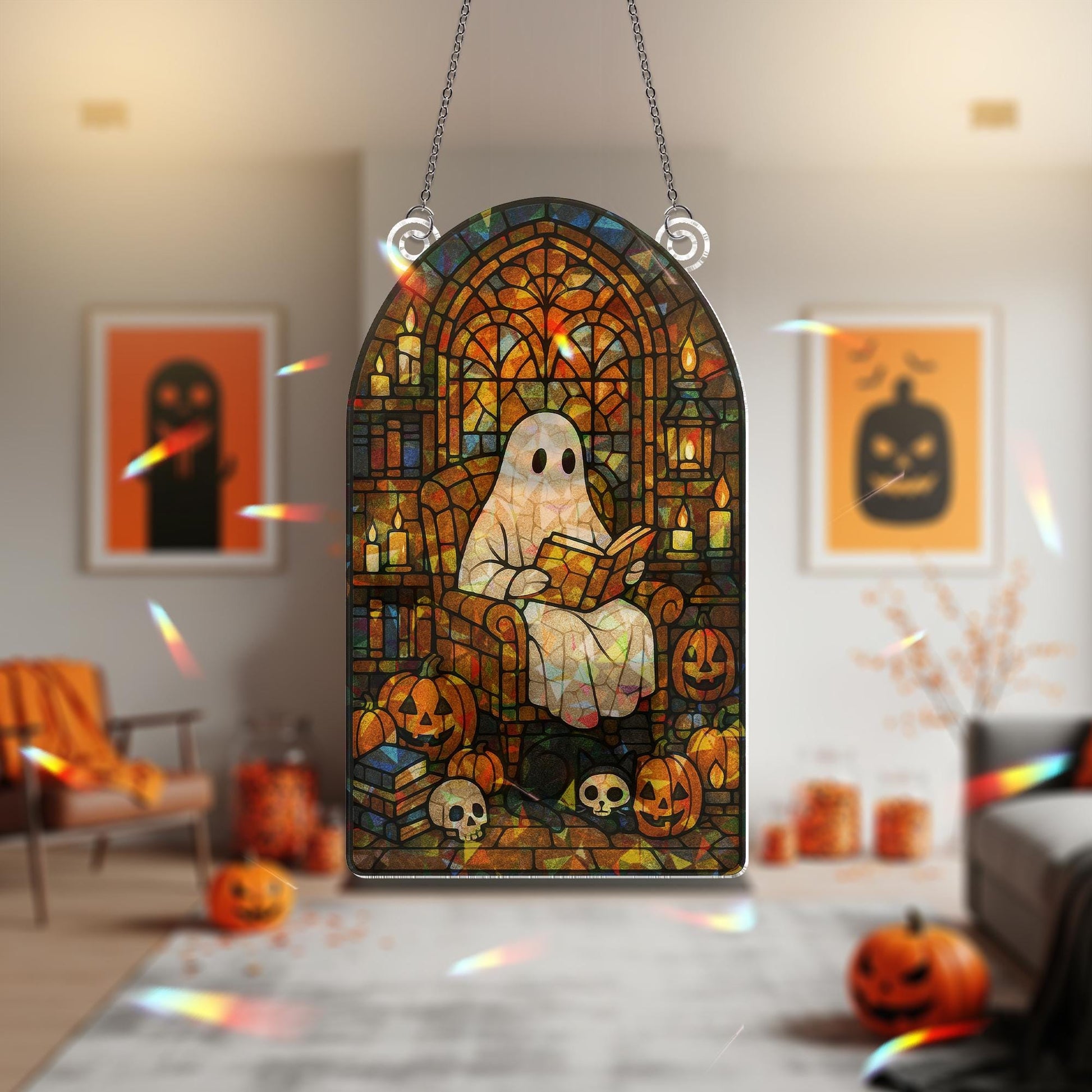Ghost Reading Acrylic Sun Catcher, Halloween Reading Ghost Acrylic Decor, Spooky Gothic Window Hanging, Pumpkin & Skull Book Nook Art