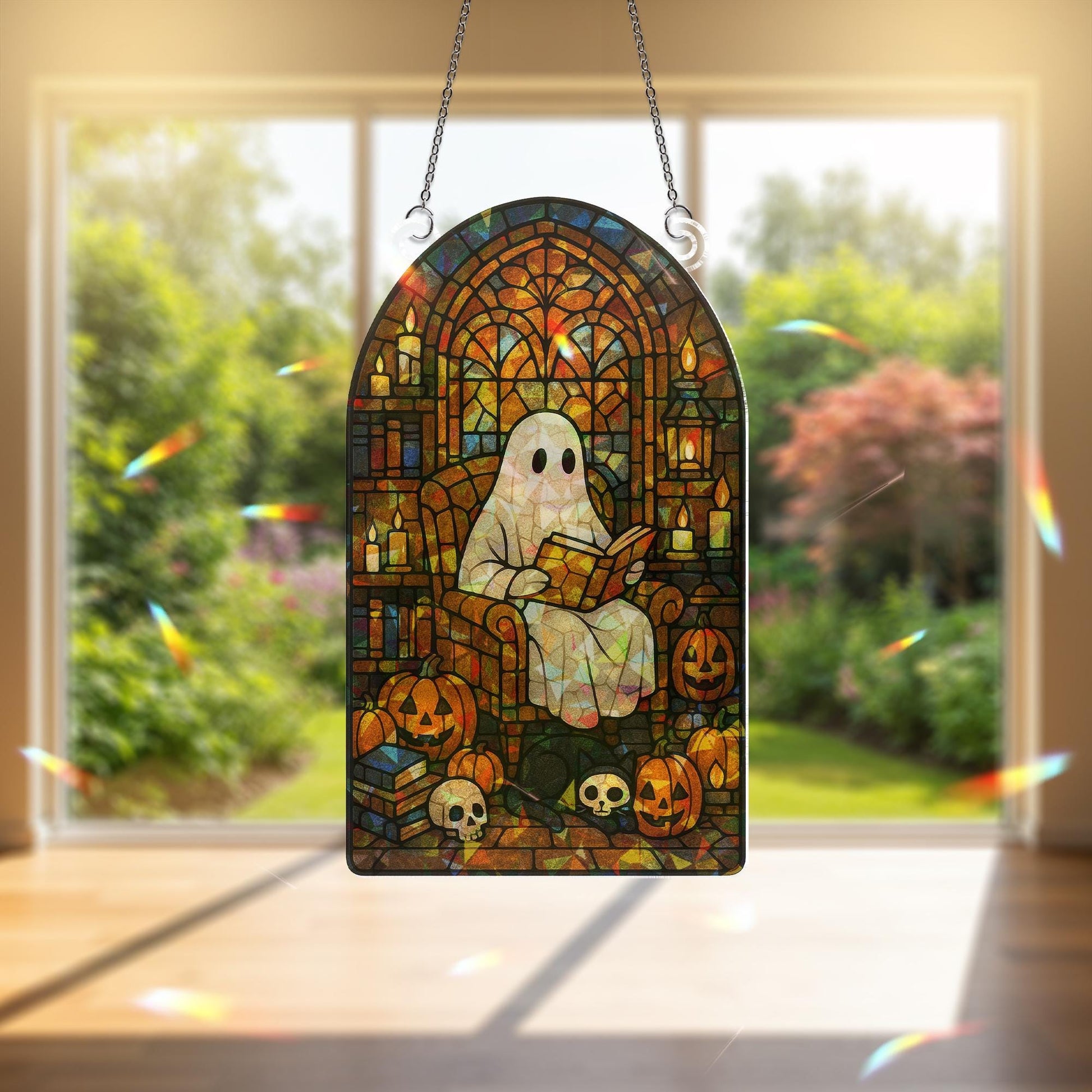 Ghost Reading Acrylic Sun Catcher, Halloween Reading Ghost Acrylic Decor, Spooky Gothic Window Hanging, Pumpkin & Skull Book Nook Art