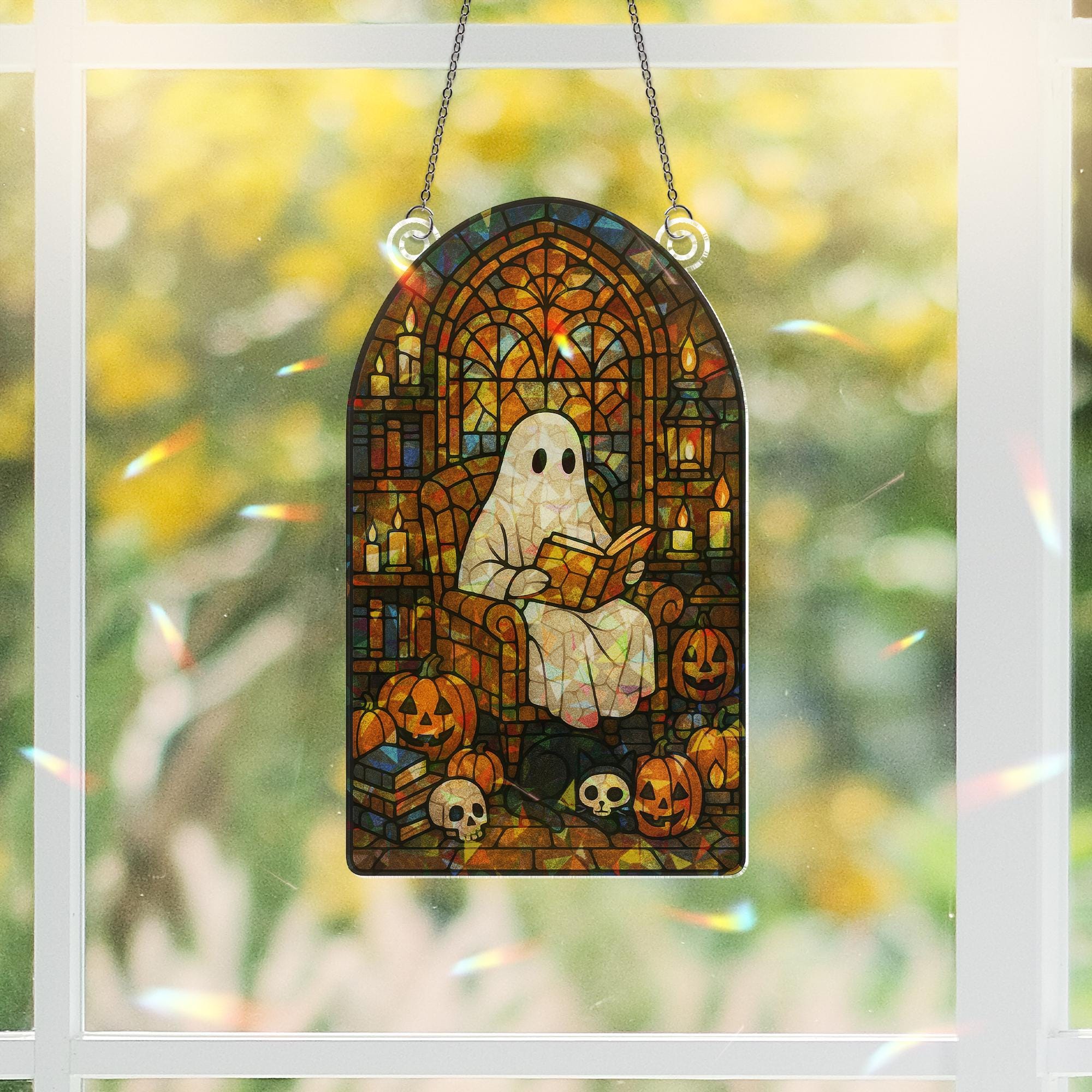 Ghost Reading Acrylic Sun Catcher, Halloween Reading Ghost Acrylic Decor, Spooky Gothic Window Hanging, Pumpkin & Skull Book Nook Art