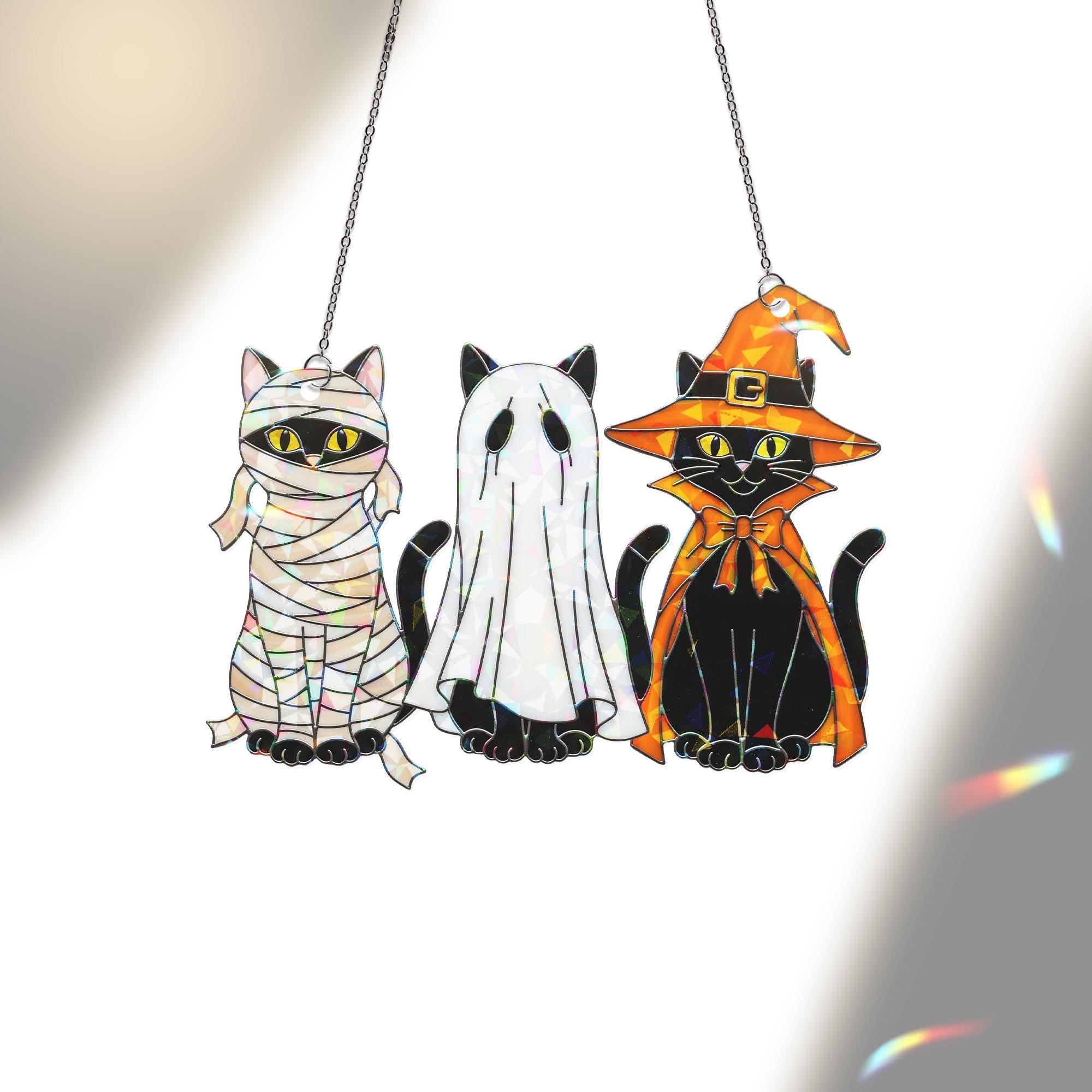 Halloween Trio Black Cats Hologram Ornament – Mummy, Ghost, Witch Black Cats ACRYLIC Window Hanging, Cute Spooky Fall Decor Gift, Cat Lovers