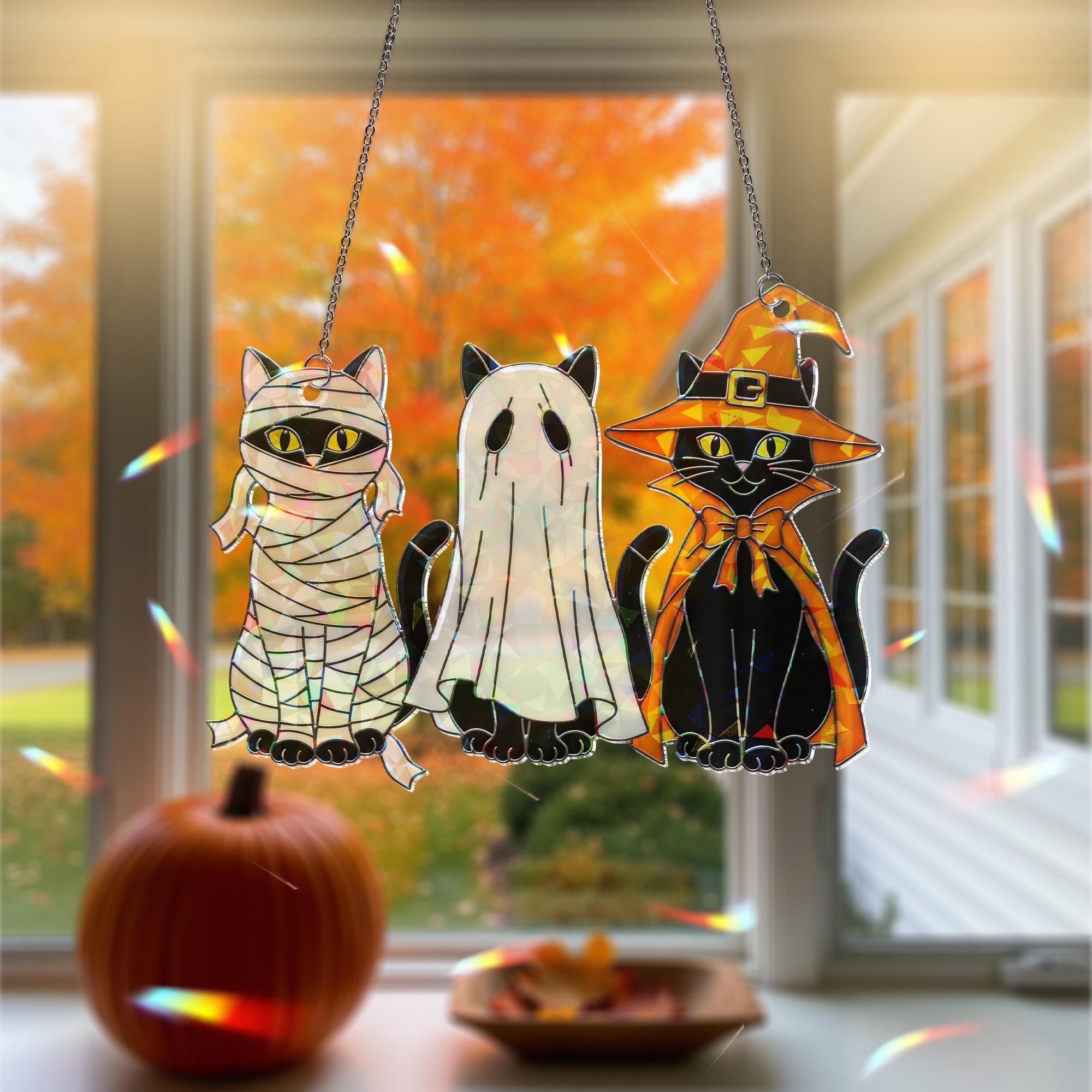 Halloween Trio Black Cats Hologram Ornament – Mummy, Ghost, Witch Black Cats ACRYLIC Window Hanging, Cute Spooky Fall Decor Gift, Cat Lovers