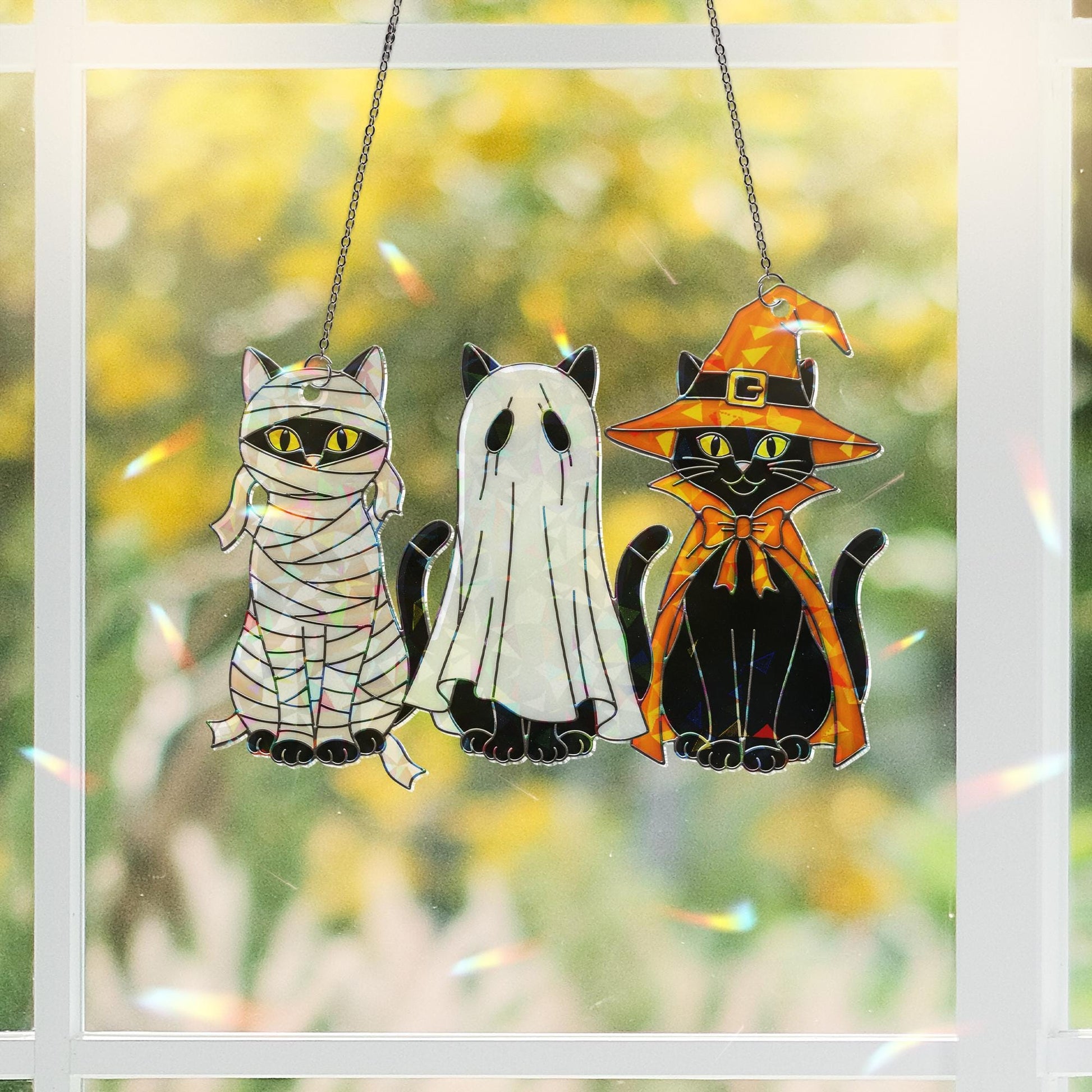 Halloween Trio Black Cats Hologram Ornament – Mummy, Ghost, Witch Black Cats ACRYLIC Window Hanging, Cute Spooky Fall Decor Gift, Cat Lovers