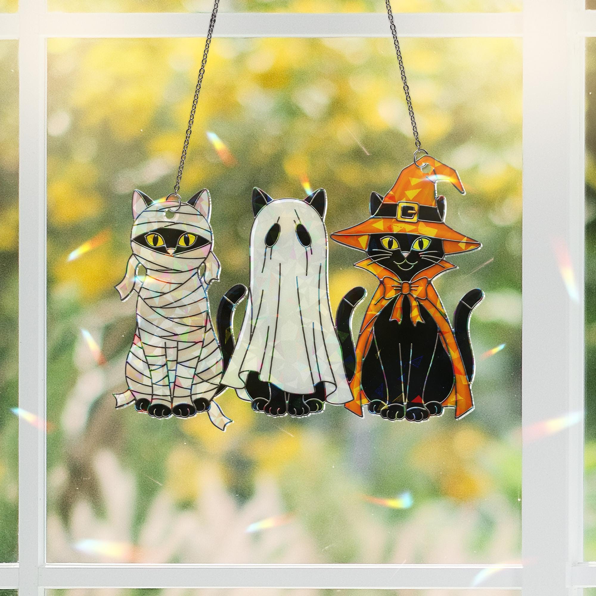 Halloween Trio Black Cats Hologram Ornament – Mummy, Ghost, Witch Black Cats ACRYLIC Window Hanging, Cute Spooky Fall Decor Gift, Cat Lovers