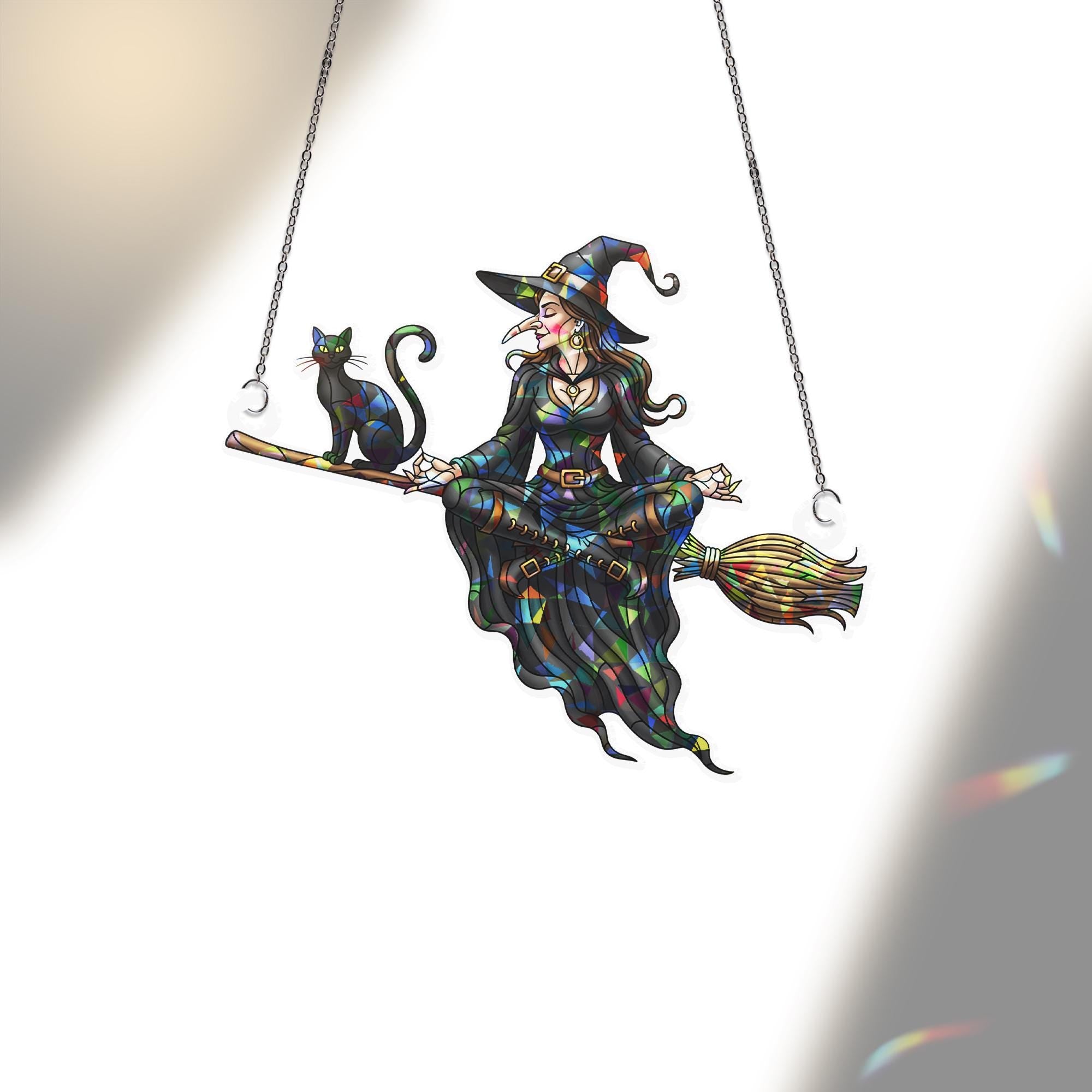 Flying Witch & Black Cat Suncatcher, Halloween Stained Glass Decor, Spooky Window Hanging, Mystical Home Art, Witchy Gift