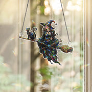 Flying Witch & Black Cat Suncatcher, Halloween Stained Glass Decor, Spooky Window Hanging, Mystical Home Art, Witchy Gift