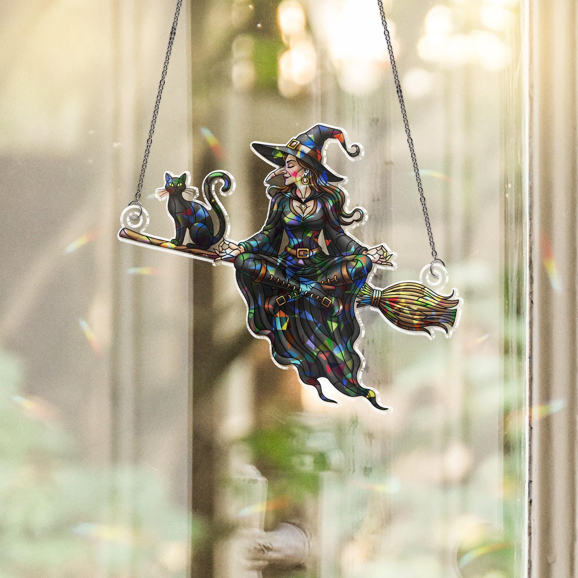 Flying Witch & Black Cat Suncatcher, Halloween Stained Glass Decor, Spooky Window Hanging, Mystical Home Art, Witchy Gift