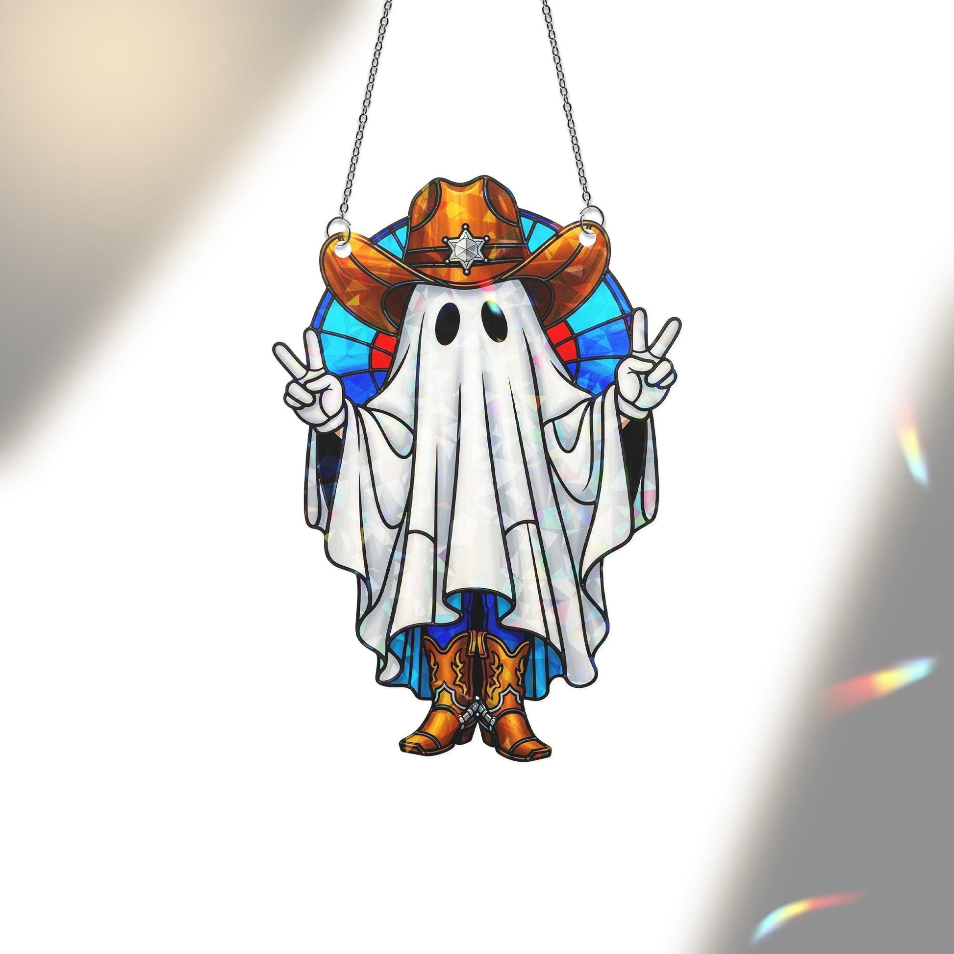 Cowboy Ghost Hologram Ornament – Funny Halloween Western Ghost ACRYLIC Window Hanging, Spooky Fall Decor with Peace Sign, Cowboy Gift