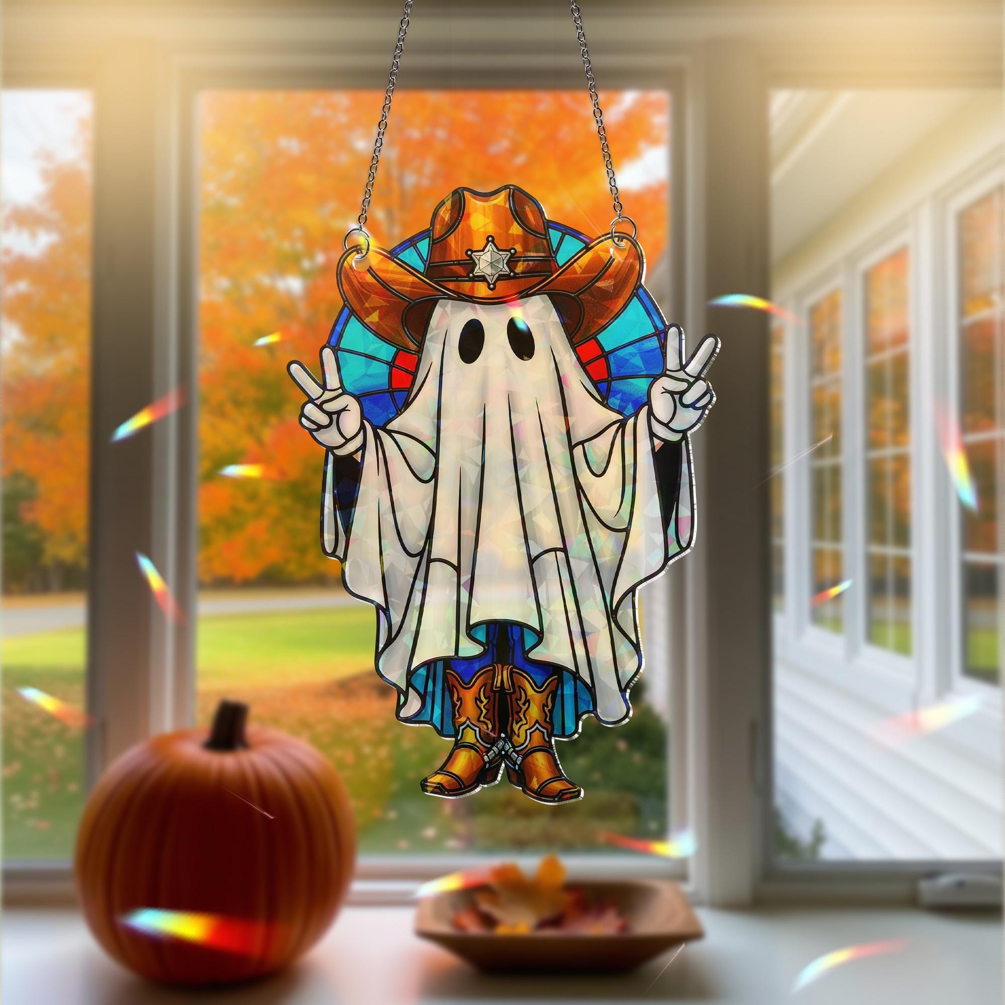Cowboy Ghost Hologram Ornament – Funny Halloween Western Ghost ACRYLIC Window Hanging, Spooky Fall Decor with Peace Sign, Cowboy Gift
