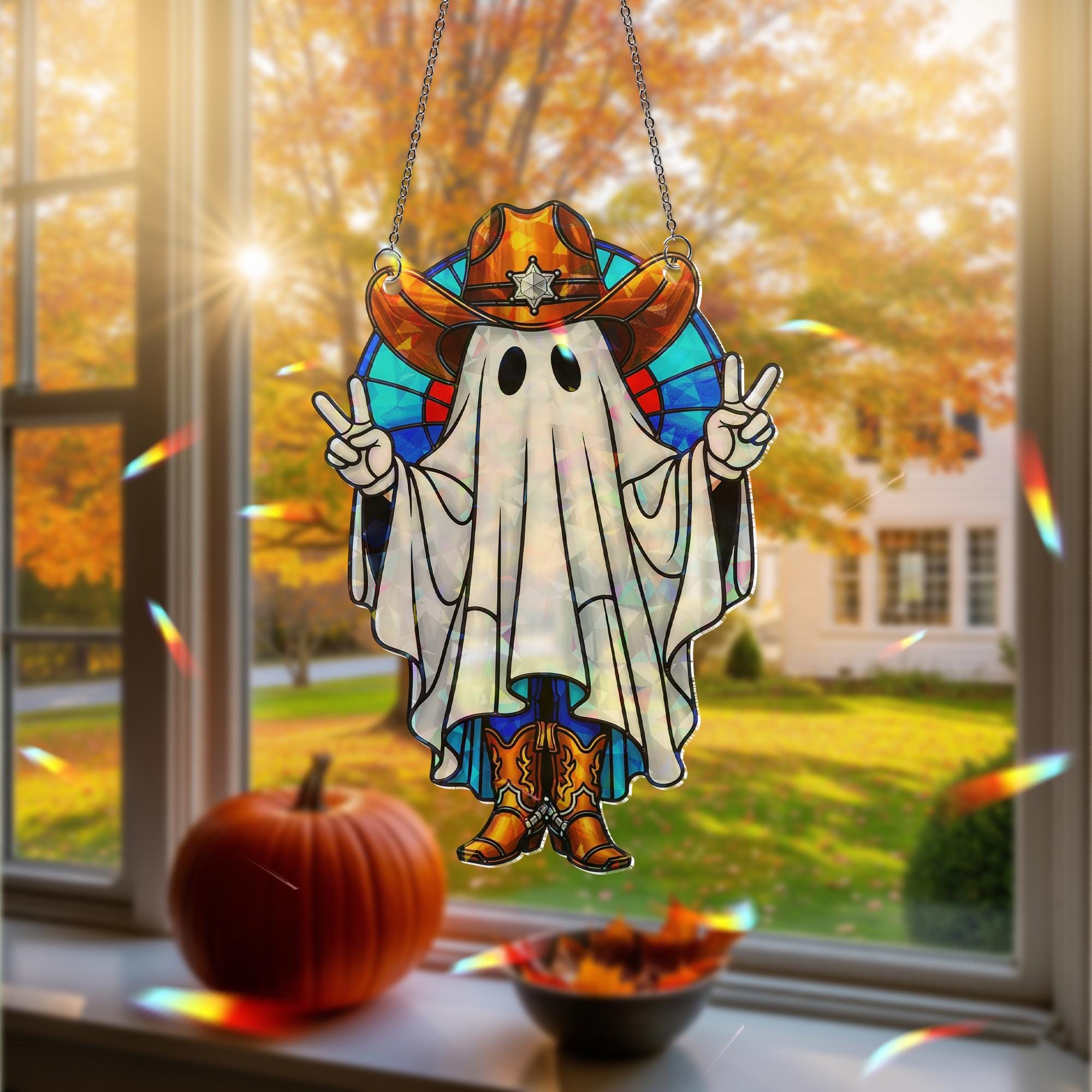 Cowboy Ghost Hologram Ornament – Funny Halloween Western Ghost ACRYLIC Window Hanging, Spooky Fall Decor with Peace Sign, Cowboy Gift
