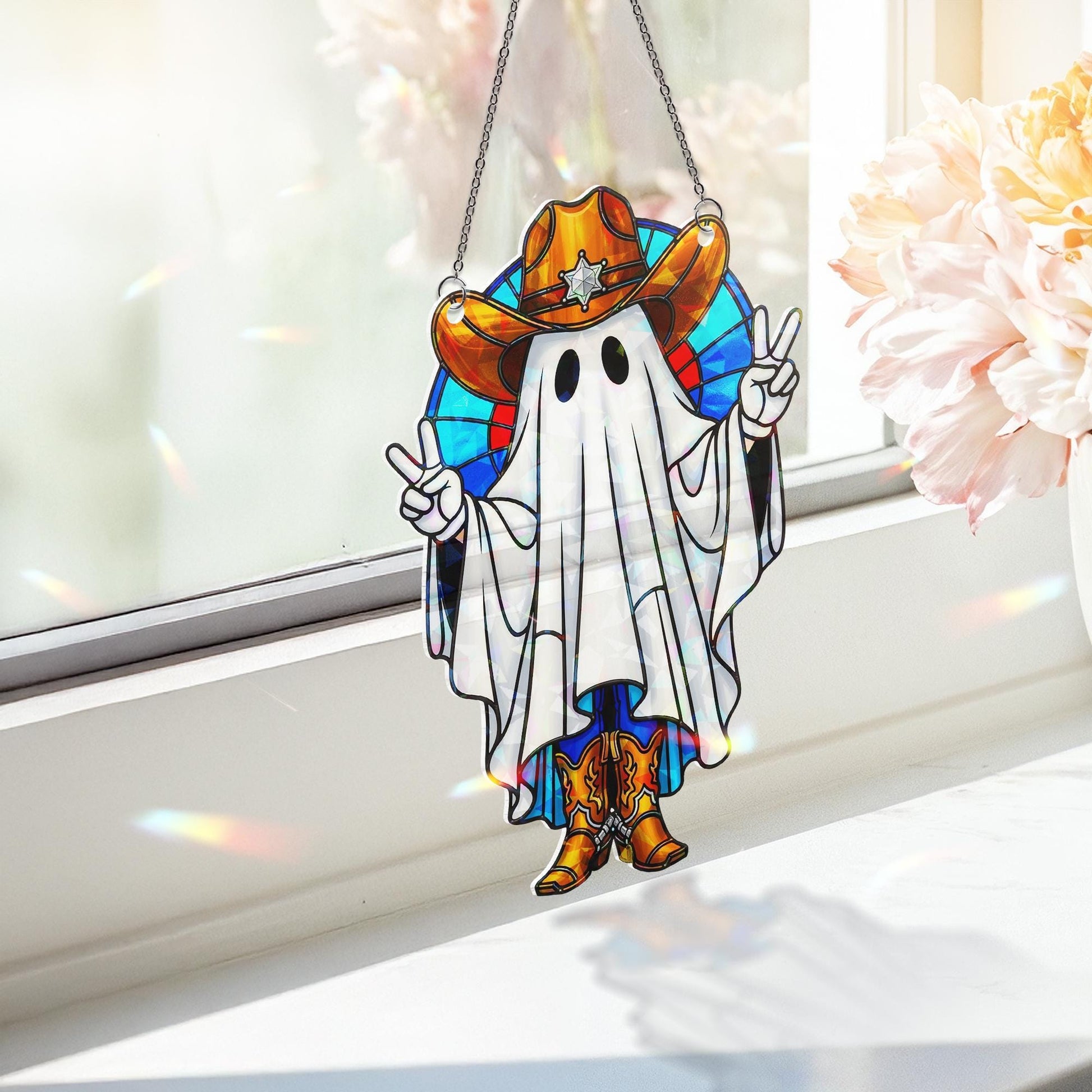 Cowboy Ghost Hologram Ornament – Funny Halloween Western Ghost ACRYLIC Window Hanging, Spooky Fall Decor with Peace Sign, Cowboy Gift