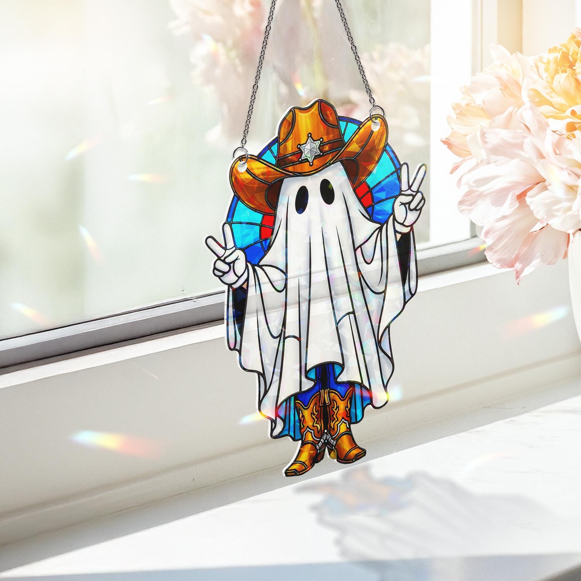 Cowboy Ghost Hologram Ornament – Funny Halloween Western Ghost ACRYLIC Window Hanging, Spooky Fall Decor with Peace Sign, Cowboy Gift