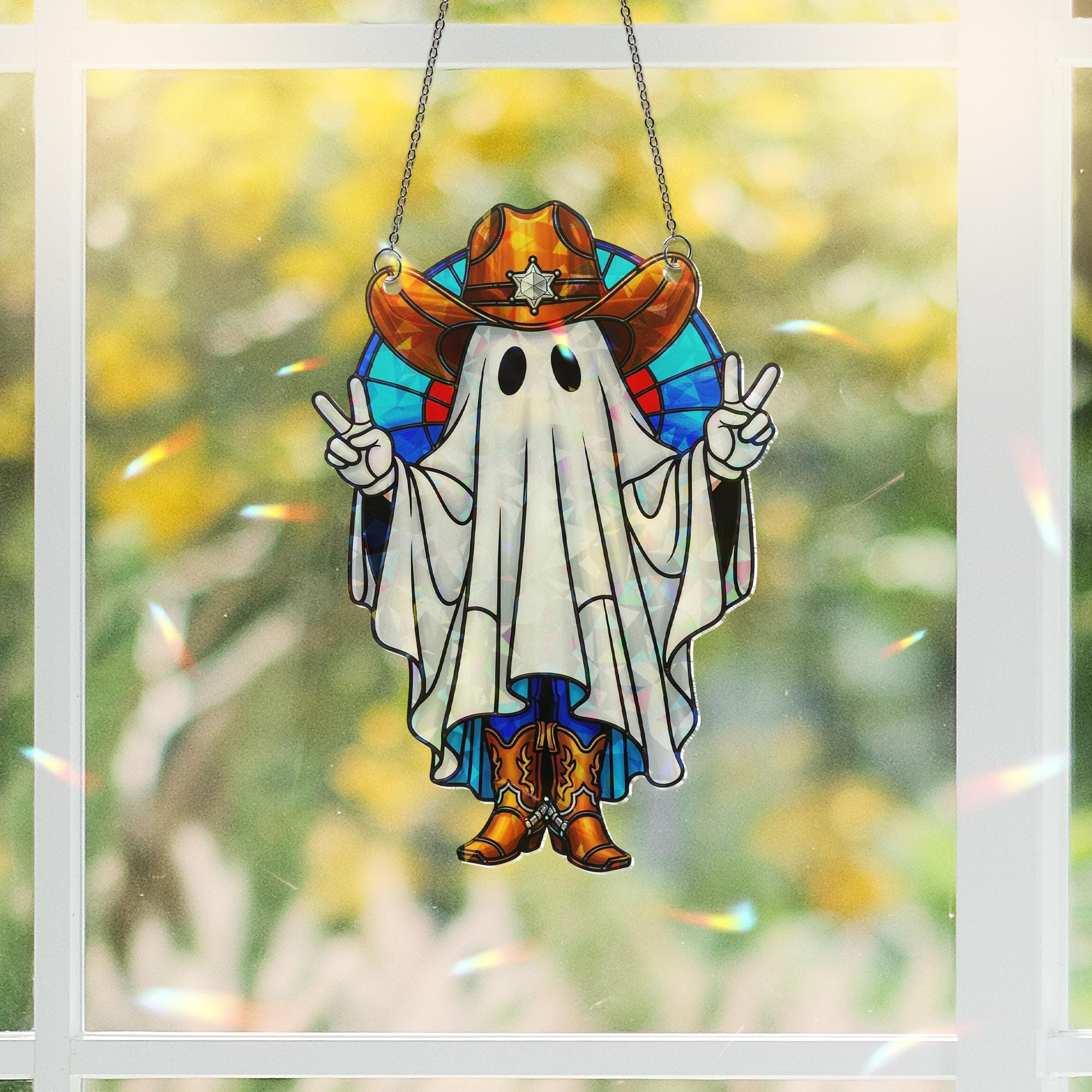 Cowboy Ghost Hologram Ornament – Funny Halloween Western Ghost ACRYLIC Window Hanging, Spooky Fall Decor with Peace Sign, Cowboy Gift