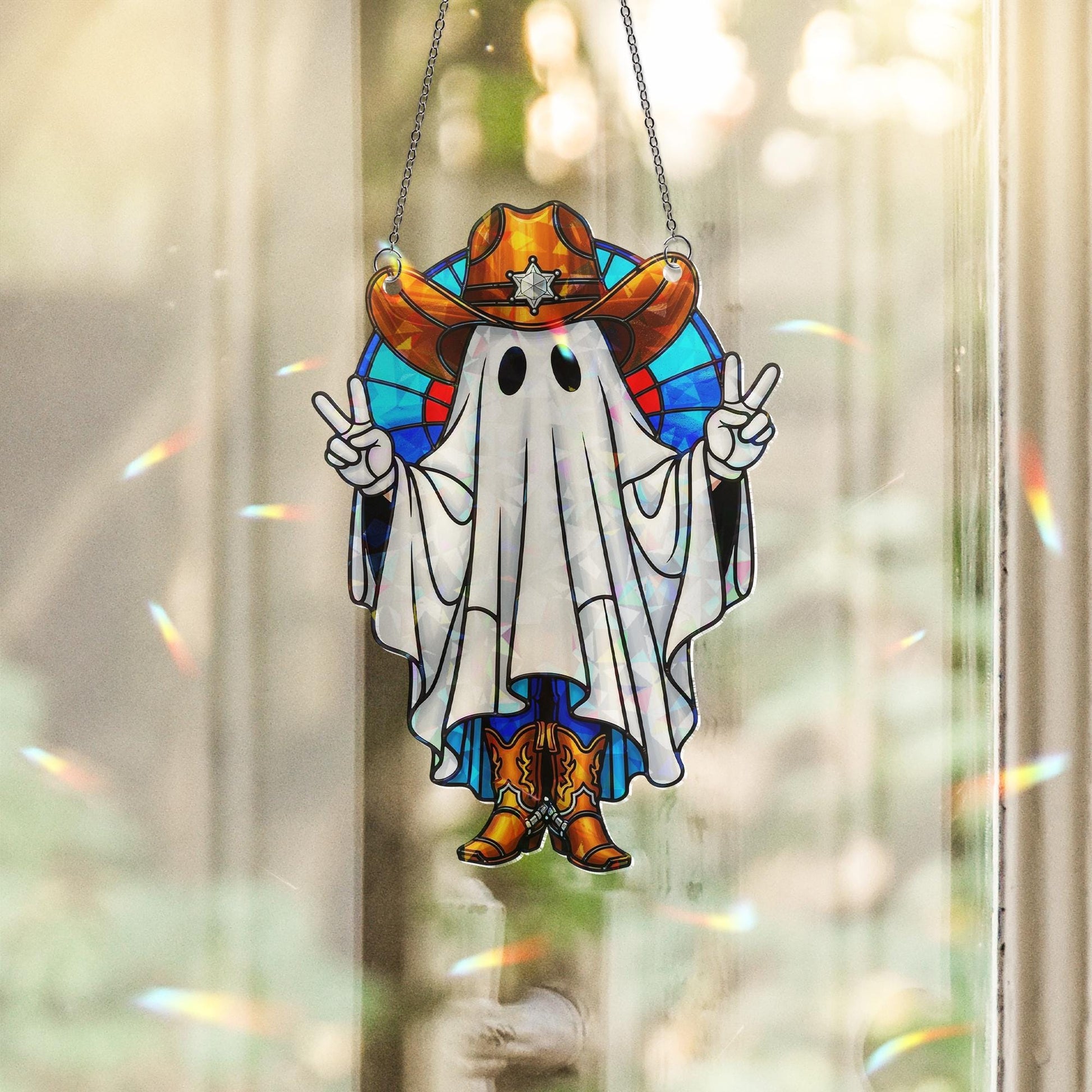 Cowboy Ghost Hologram Ornament – Funny Halloween Western Ghost ACRYLIC Window Hanging, Spooky Fall Decor with Peace Sign, Cowboy Gift