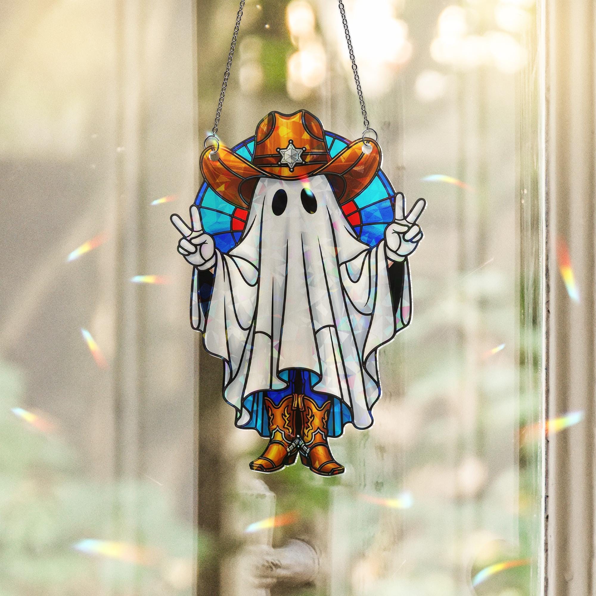 Cowboy Ghost Hologram Ornament – Funny Halloween Western Ghost ACRYLIC Window Hanging, Spooky Fall Decor with Peace Sign, Cowboy Gift