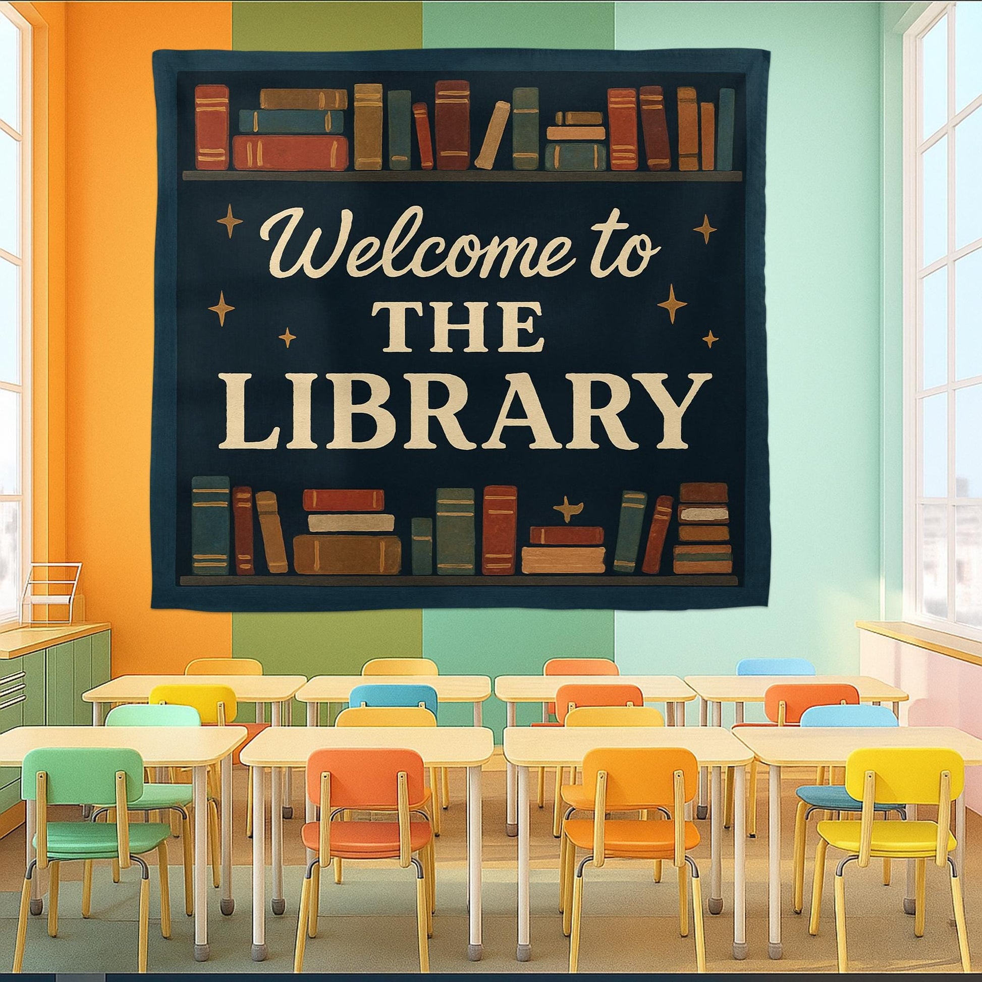 Welcome to the Library Tapestry, Classroom Wall Decor for Teachers, Reading Corner Banner, Colorful School Library Sign, Reading Classroom