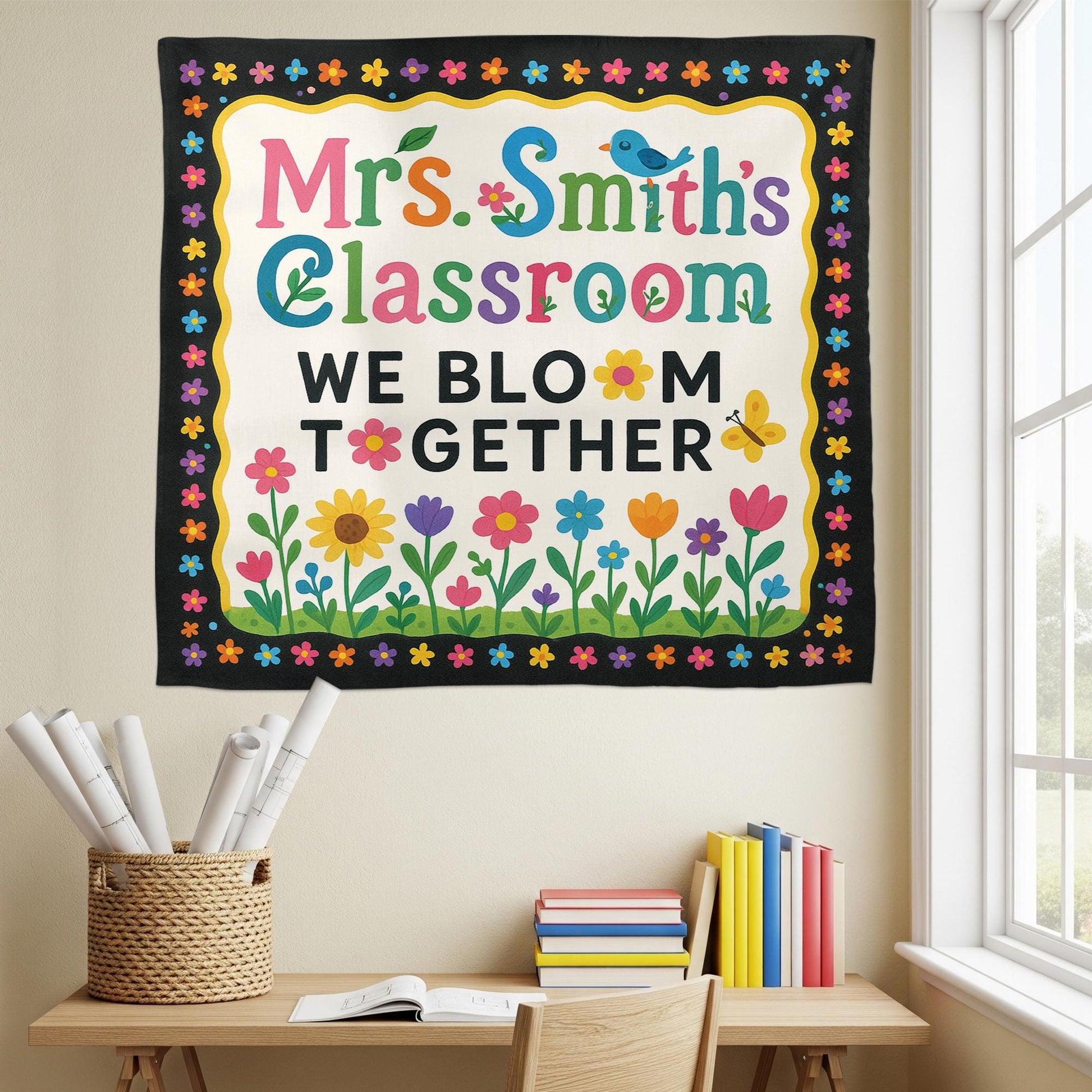 We Bloom Together Classroom Tapestry, Custom Teacher Wall Decor, Colorful Flower Banner, Preschool Classroom Sign, Back to School
