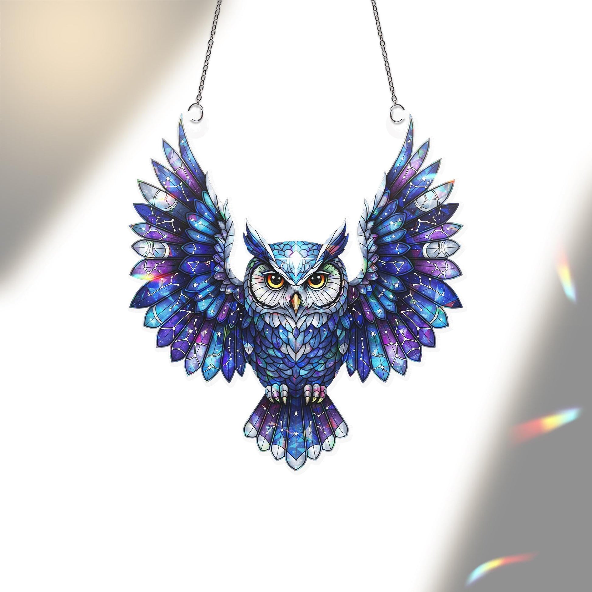 Galaxy Owl Suncatcher – Stained Glass Style Window Hanging – Celestial Owl Decor – Cosmic Bird Ornament – Boho Glass Art for Windows