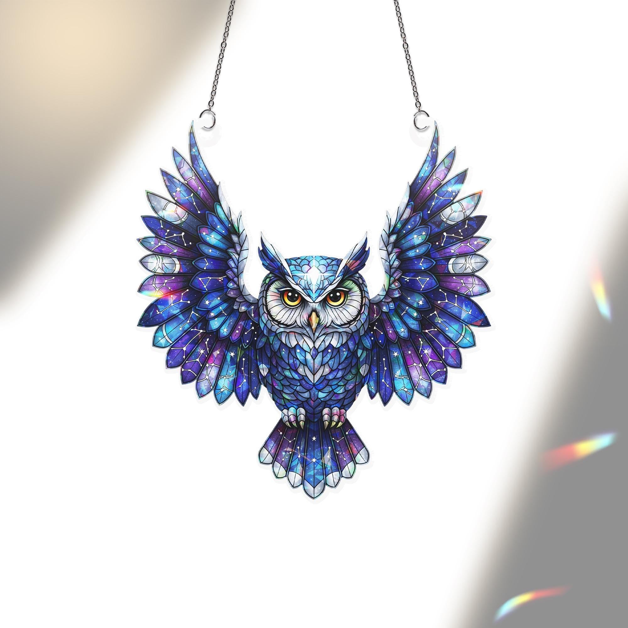 Galaxy Owl Suncatcher – Stained Glass Style Window Hanging – Celestial Owl Decor – Cosmic Bird Ornament – Boho Glass Art for Windows
