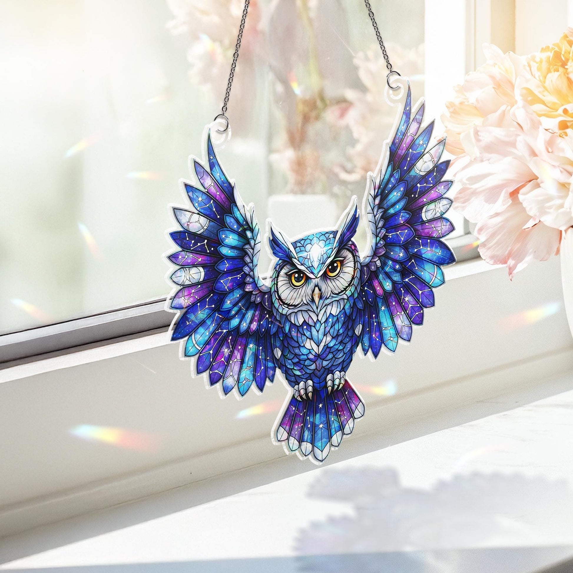 Galaxy Owl Suncatcher – Stained Glass Style Window Hanging – Celestial Owl Decor – Cosmic Bird Ornament – Boho Glass Art for Windows