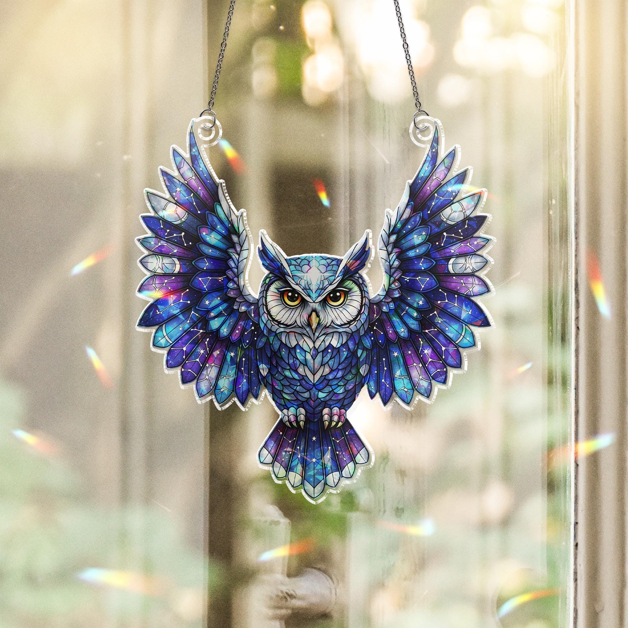 Galaxy Owl Suncatcher – Stained Glass Style Window Hanging – Celestial Owl Decor – Cosmic Bird Ornament – Boho Glass Art for Windows