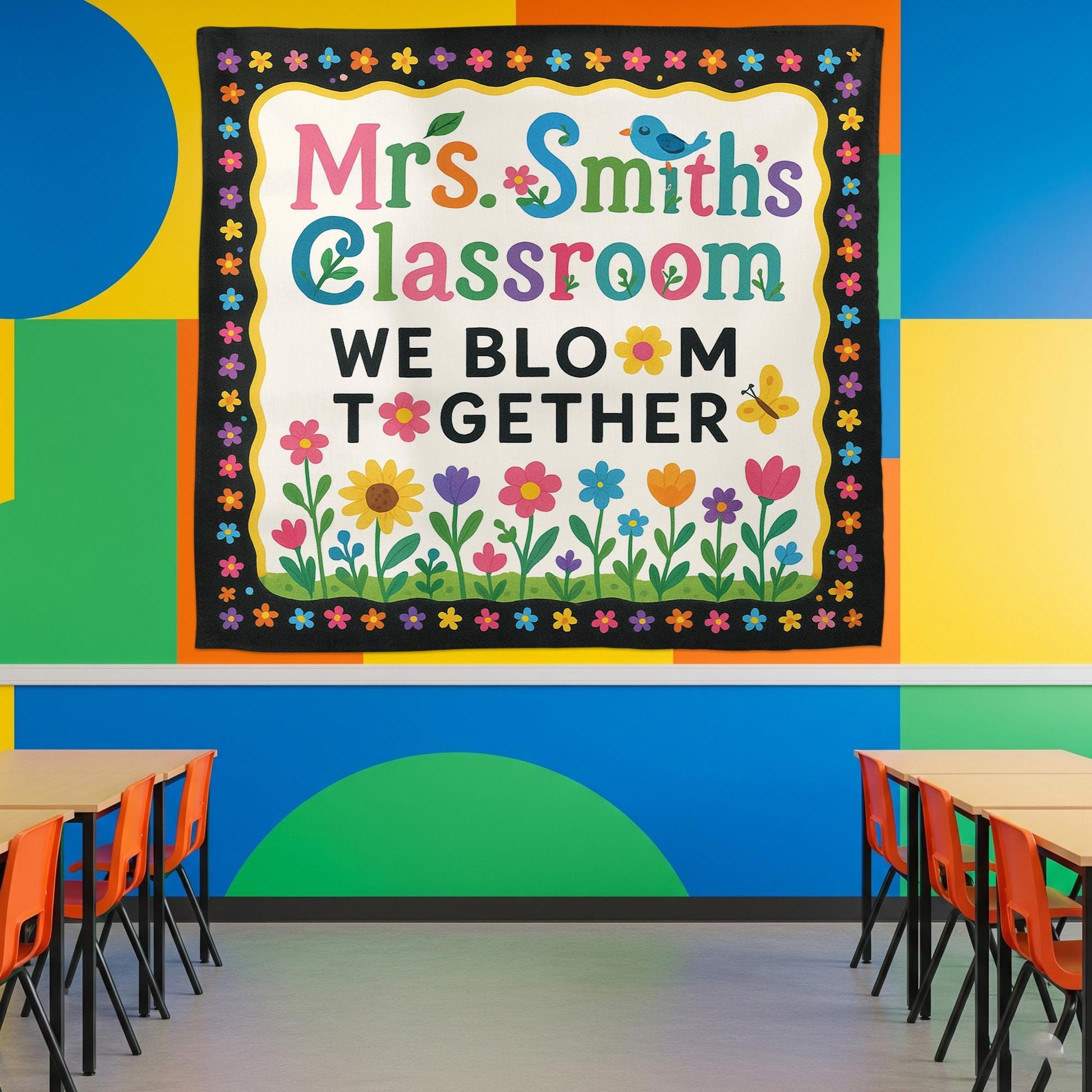 We Bloom Together Classroom Tapestry, Custom Teacher Wall Decor, Colorful Flower Banner, Preschool Classroom Sign, Back to School