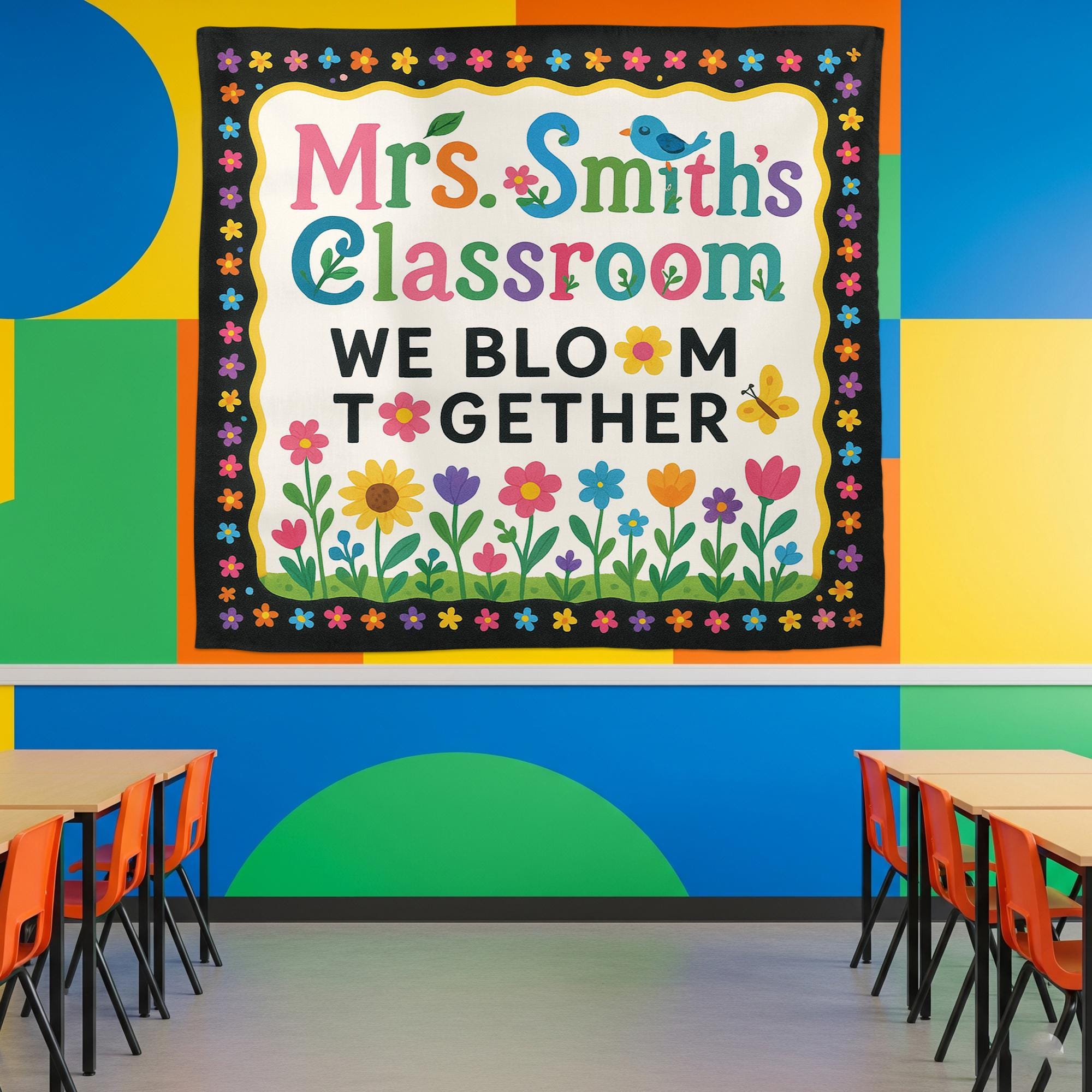 We Bloom Together Classroom Tapestry, Custom Teacher Wall Decor, Colorful Flower Banner, Preschool Classroom Sign, Back to School