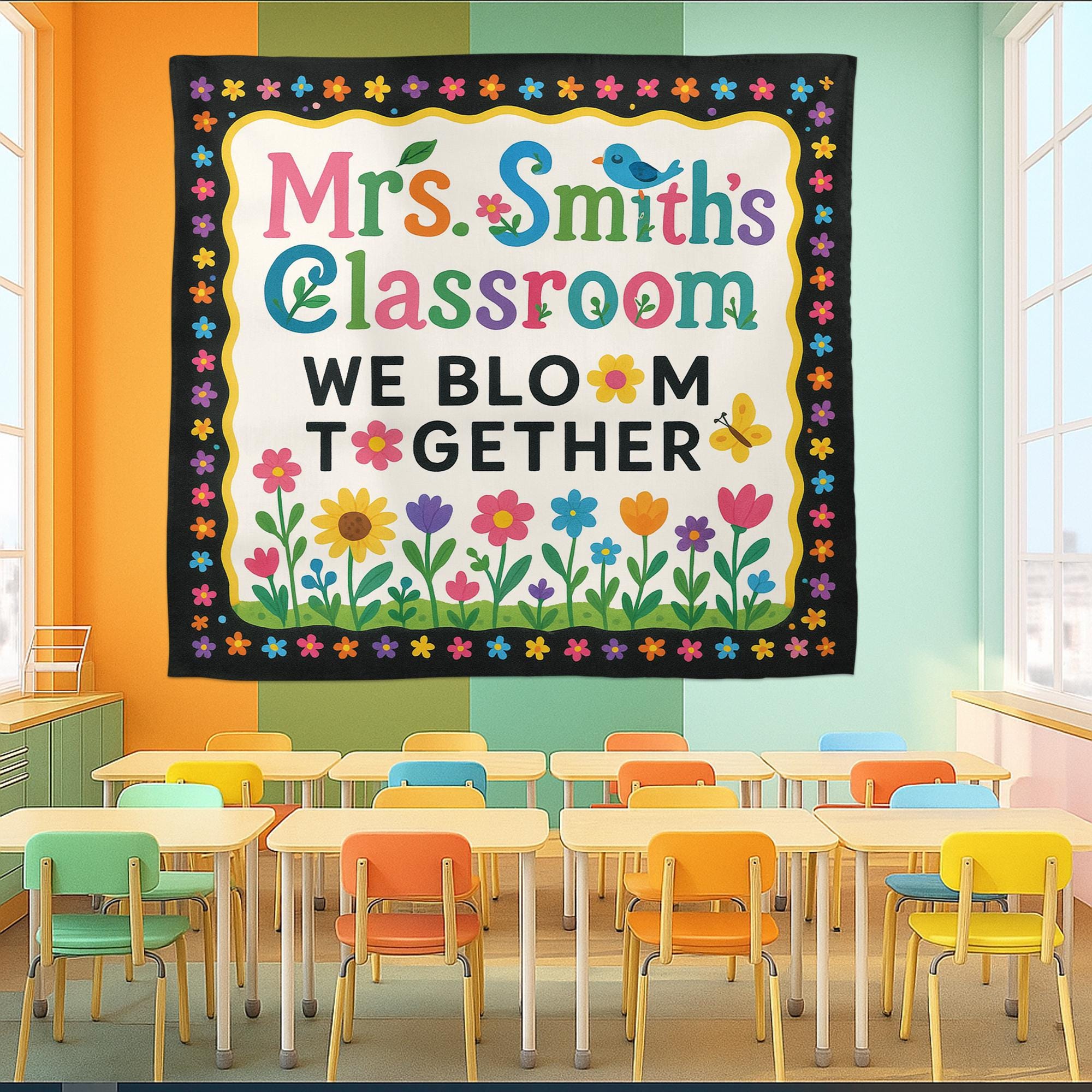 We Bloom Together Classroom Tapestry, Custom Teacher Wall Decor, Colorful Flower Banner, Preschool Classroom Sign, Back to School
