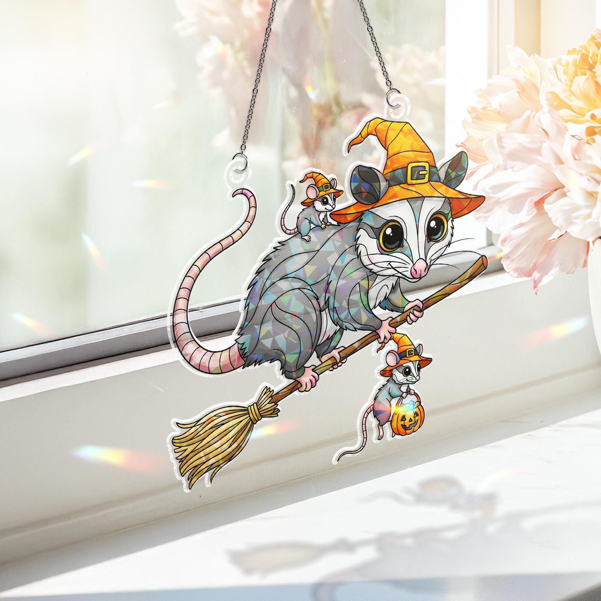Halloween Opossum Suncatcher, Witchy Rodent Window Decor, Spooky Animal Art, Flying Possum Sign, Cute Fall Decoration