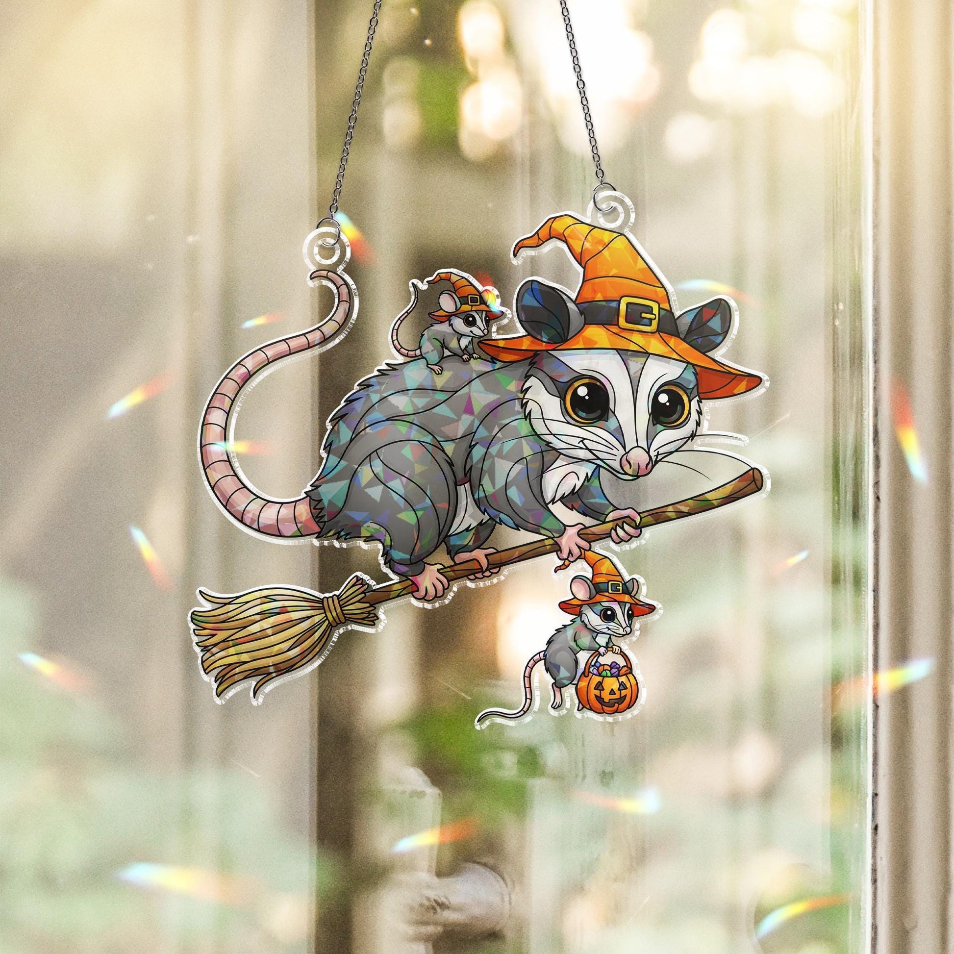 Halloween Opossum Suncatcher, Witchy Rodent Window Decor, Spooky Animal Art, Flying Possum Sign, Cute Fall Decoration