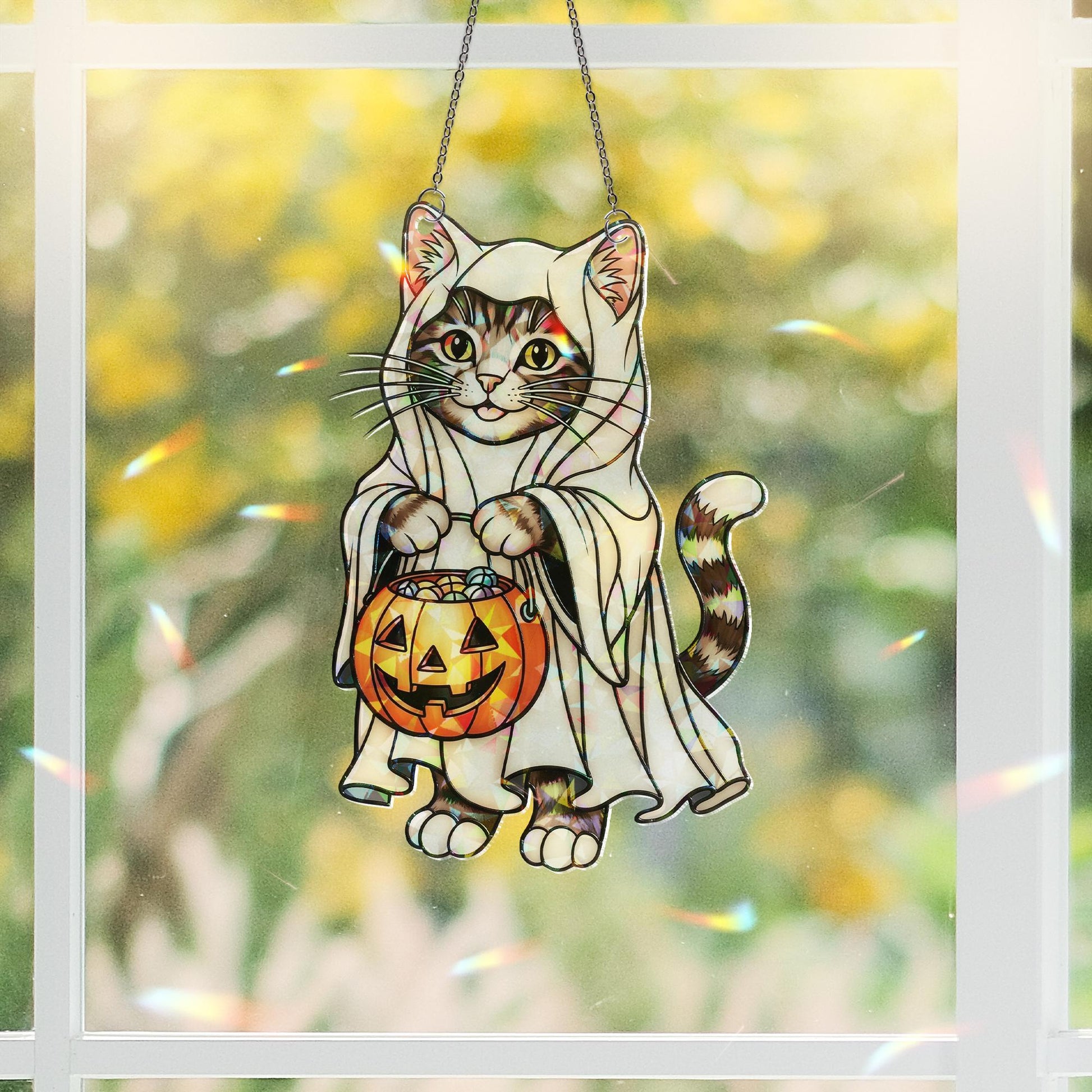 Ghost Cat Halloween Hologram Ornament – Cute Tabby Kitten with Pumpkin Candy Bucket, Fall Window Hanging Decoration, Cat Lover Gift