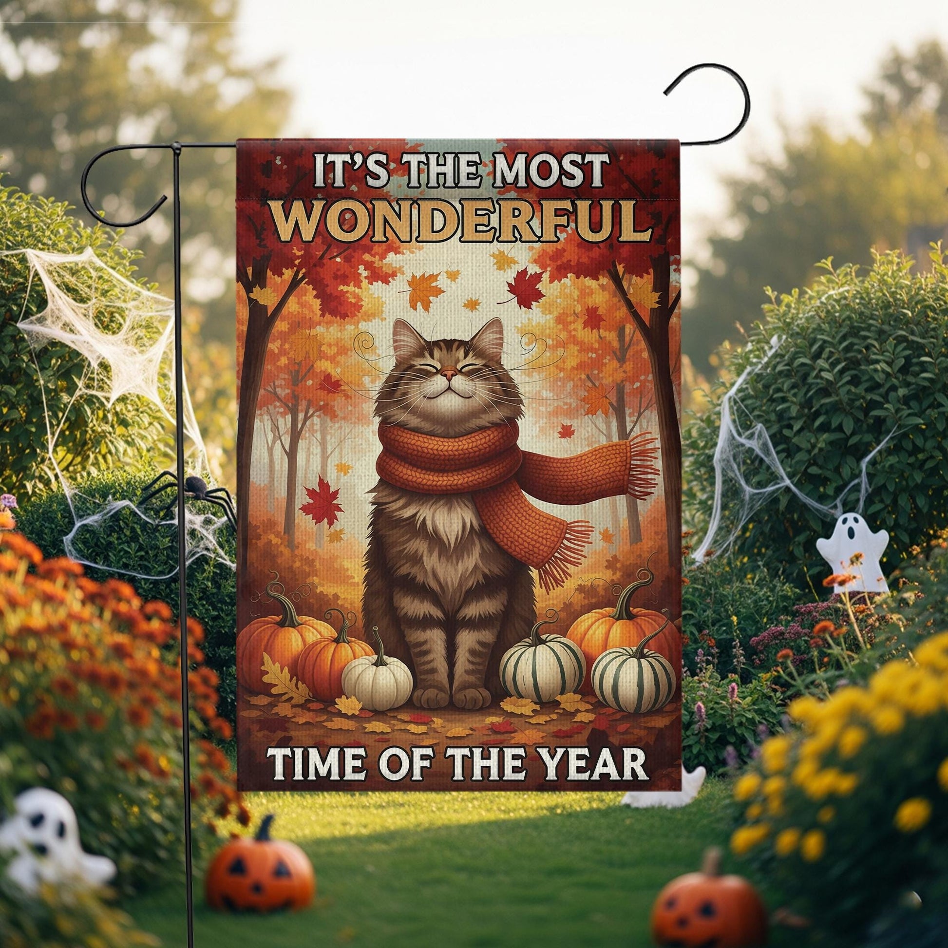 Fall Cat Garden Flag – Cozy Autumn Decor – It's the Most Wonderful Time of the Year – Thanksgiving Porch Flag