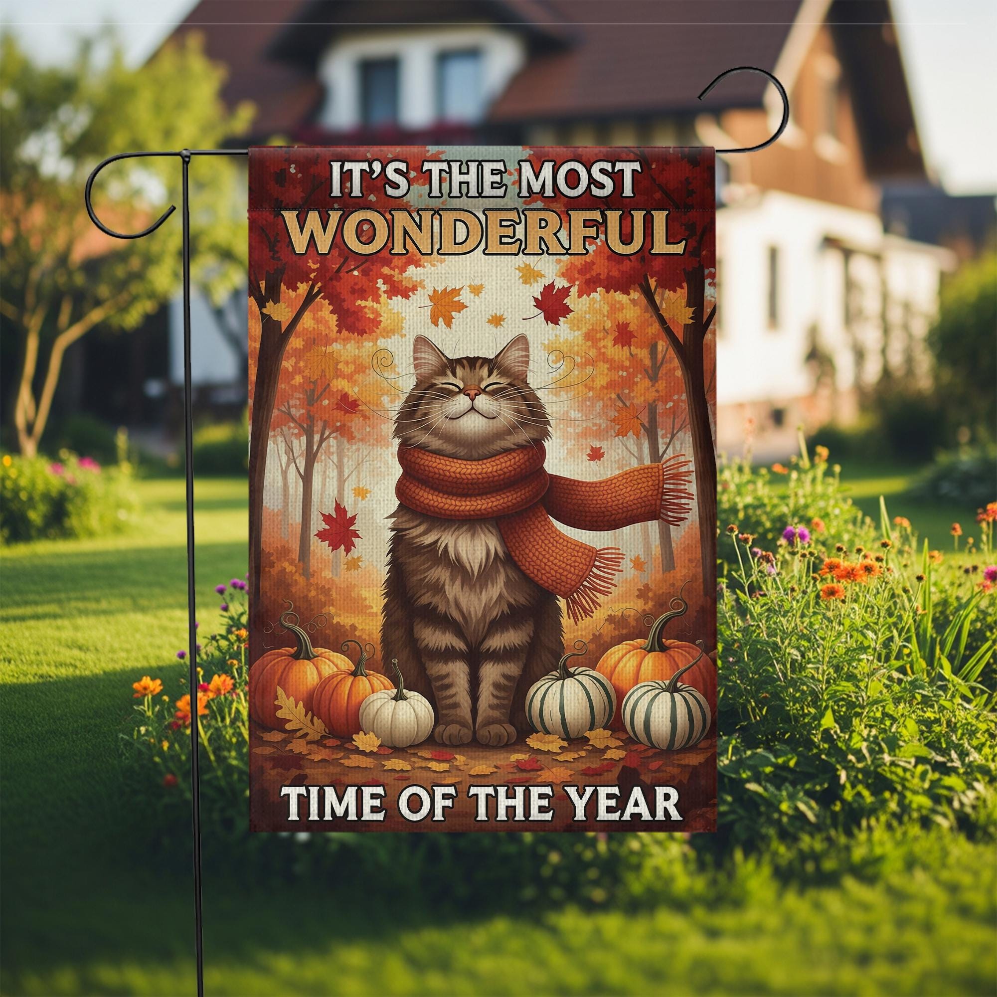 Fall Cat Garden Flag – Cozy Autumn Decor – It's the Most Wonderful Time of the Year – Thanksgiving Porch Flag