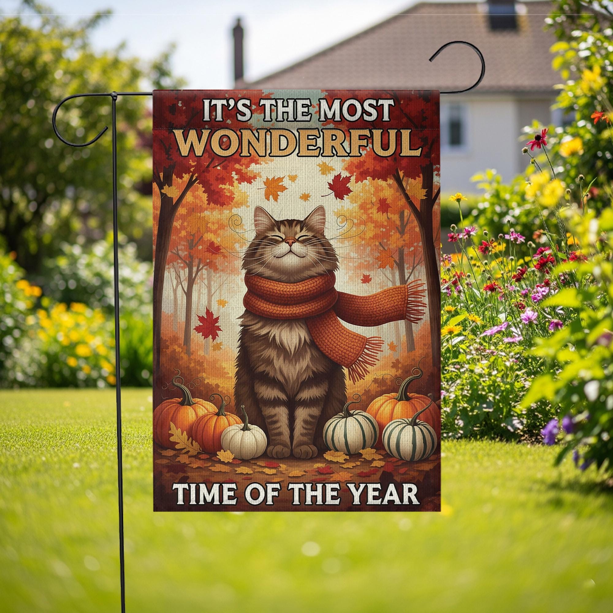 Fall Cat Garden Flag – Cozy Autumn Decor – It's the Most Wonderful Time of the Year – Thanksgiving Porch Flag