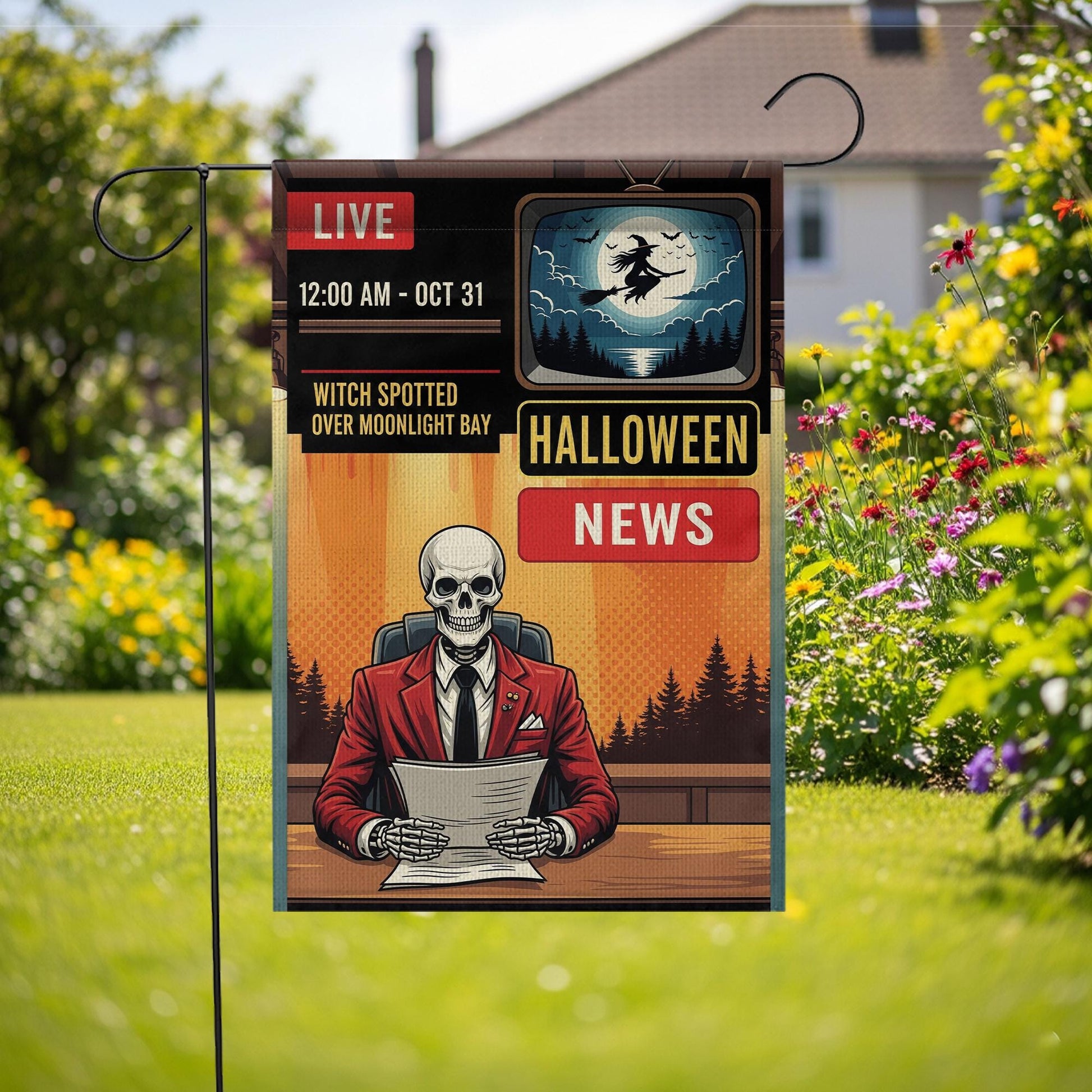 Halloween News Garden Flag – Skeleton Anchor Yard Decor – Funny Spooky Witch Banner – Live News Parody Sign