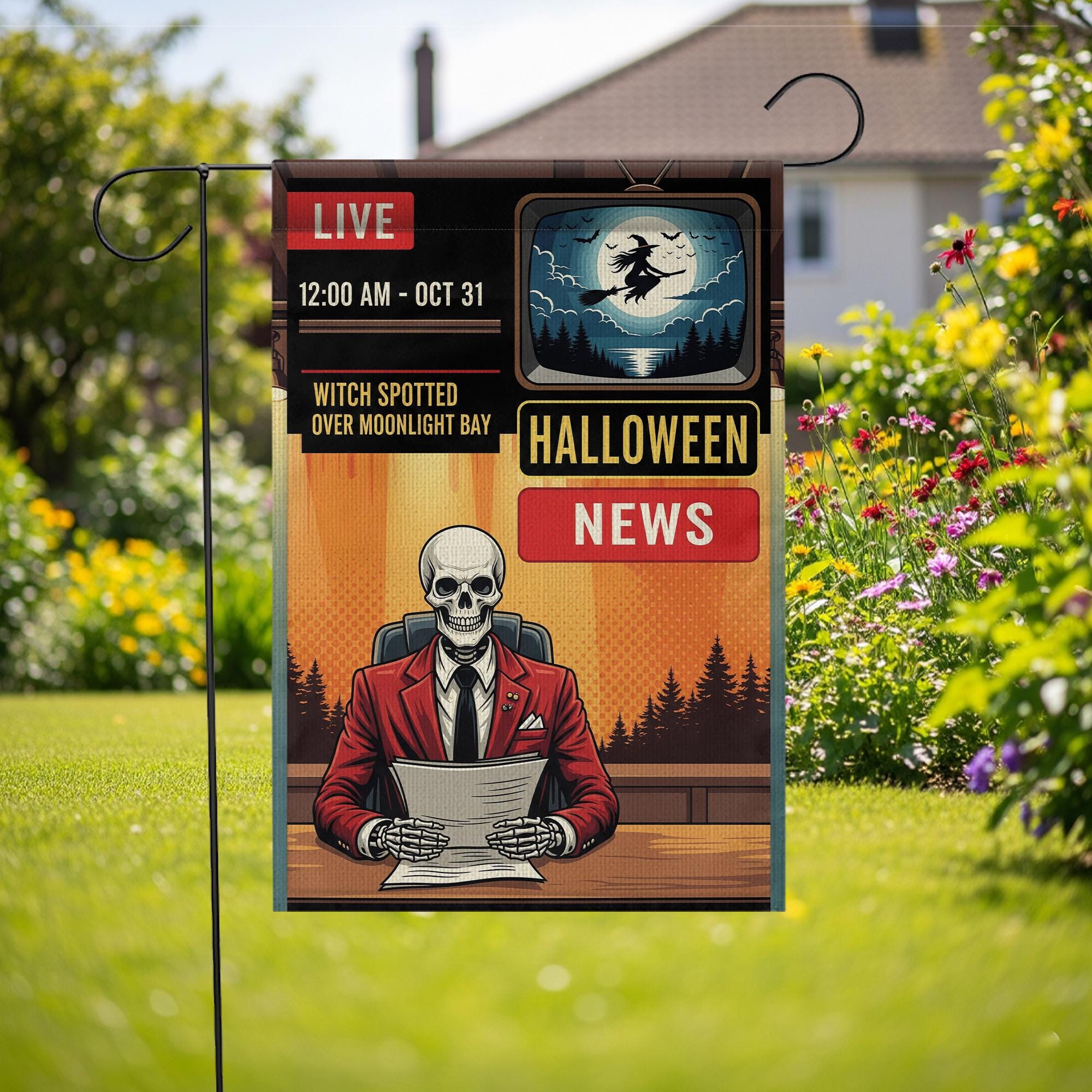 Halloween News Garden Flag – Skeleton Anchor Yard Decor – Funny Spooky Witch Banner – Live News Parody Sign