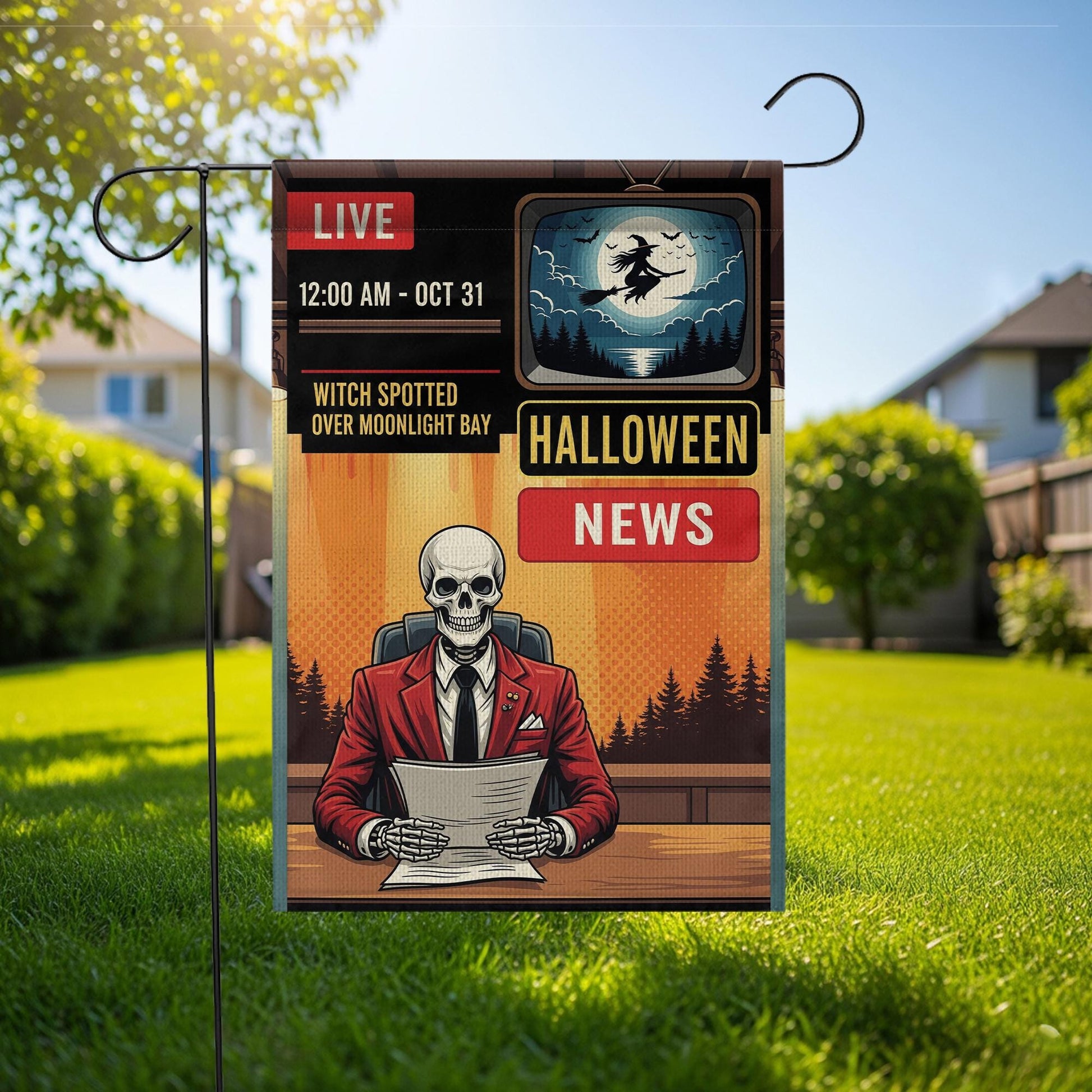 Halloween News Garden Flag – Skeleton Anchor Yard Decor – Funny Spooky Witch Banner – Live News Parody Sign
