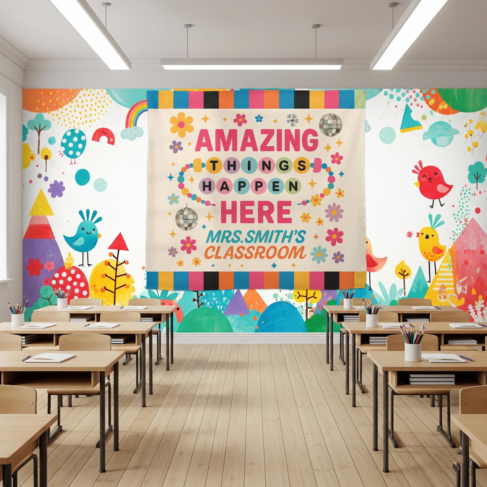 Amazing Things Happen Here Tapestry, Custom Teacher Classroom Wall Banner, Colorful Back to School Decor, Motivational Sign