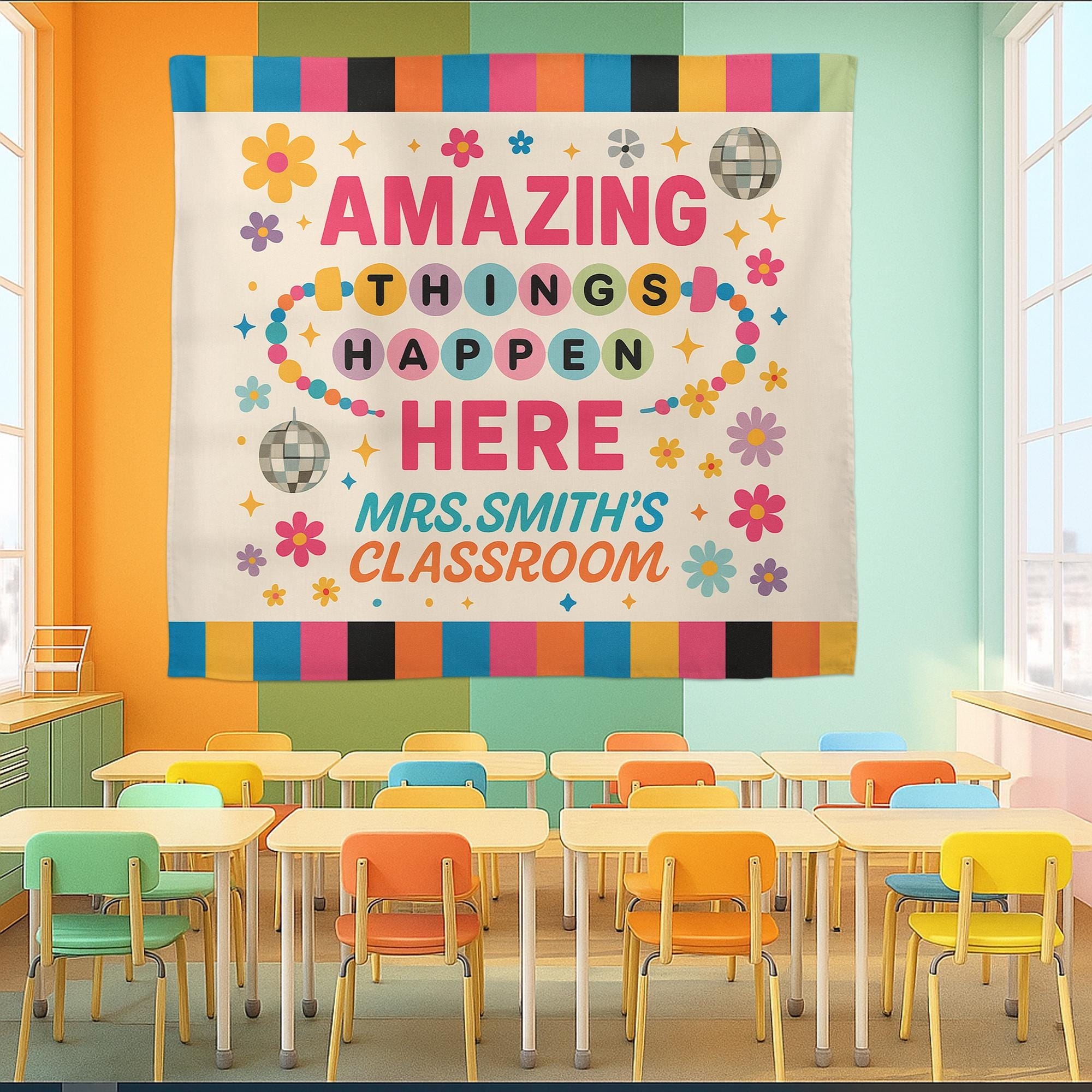 Amazing Things Happen Here Tapestry, Custom Teacher Classroom Wall Banner, Colorful Back to School Decor, Motivational Sign