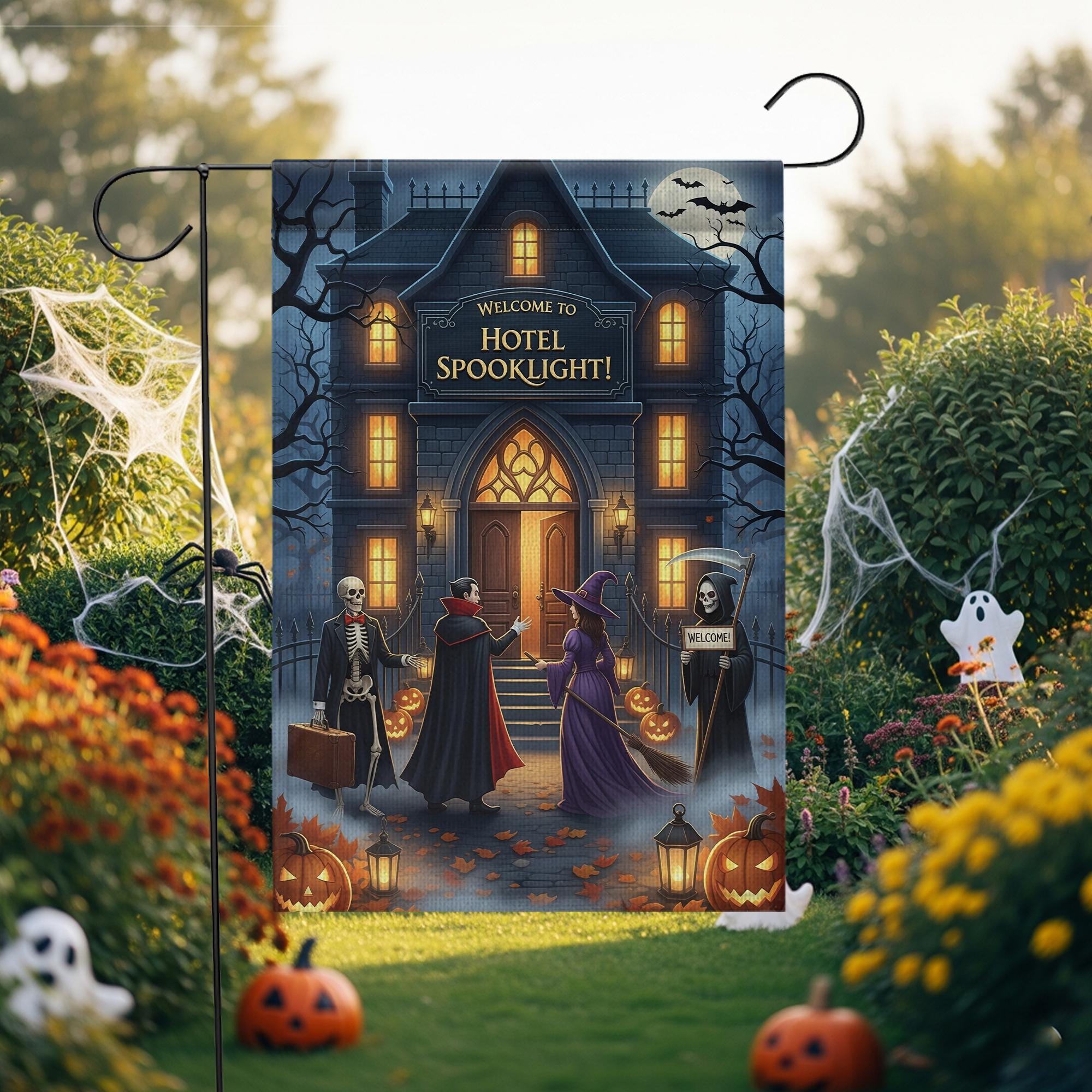 Hotel Spooklight Garden Flag – Halloween Haunted Hotel Yard Decor – Funny Dracula Witch Skeleton Banner – Grim Reaper Welcome Sign