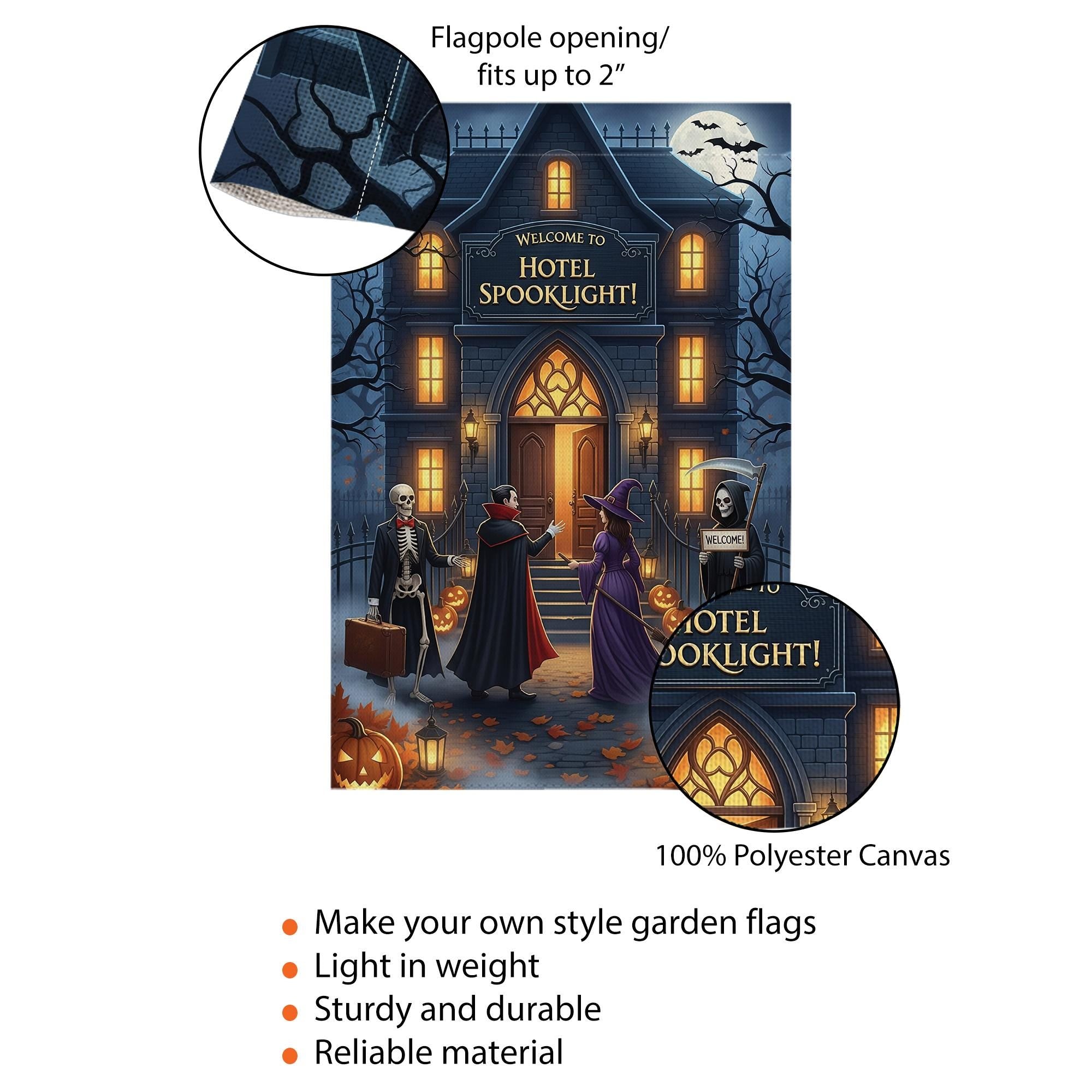 Hotel Spooklight Garden Flag – Halloween Haunted Hotel Yard Decor – Funny Dracula Witch Skeleton Banner – Grim Reaper Welcome Sign