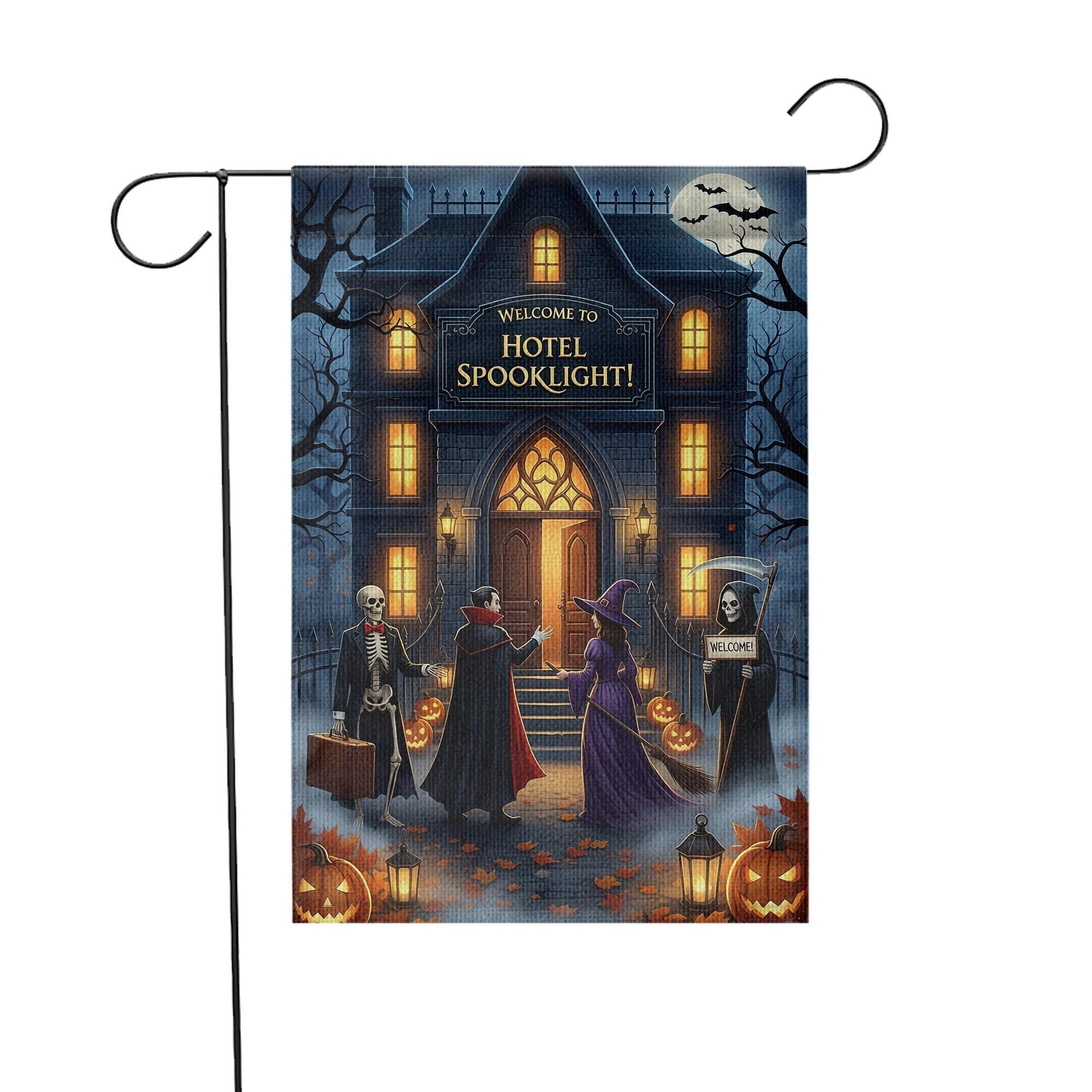 Hotel Spooklight Garden Flag – Halloween Haunted Hotel Yard Decor – Funny Dracula Witch Skeleton Banner – Grim Reaper Welcome Sign