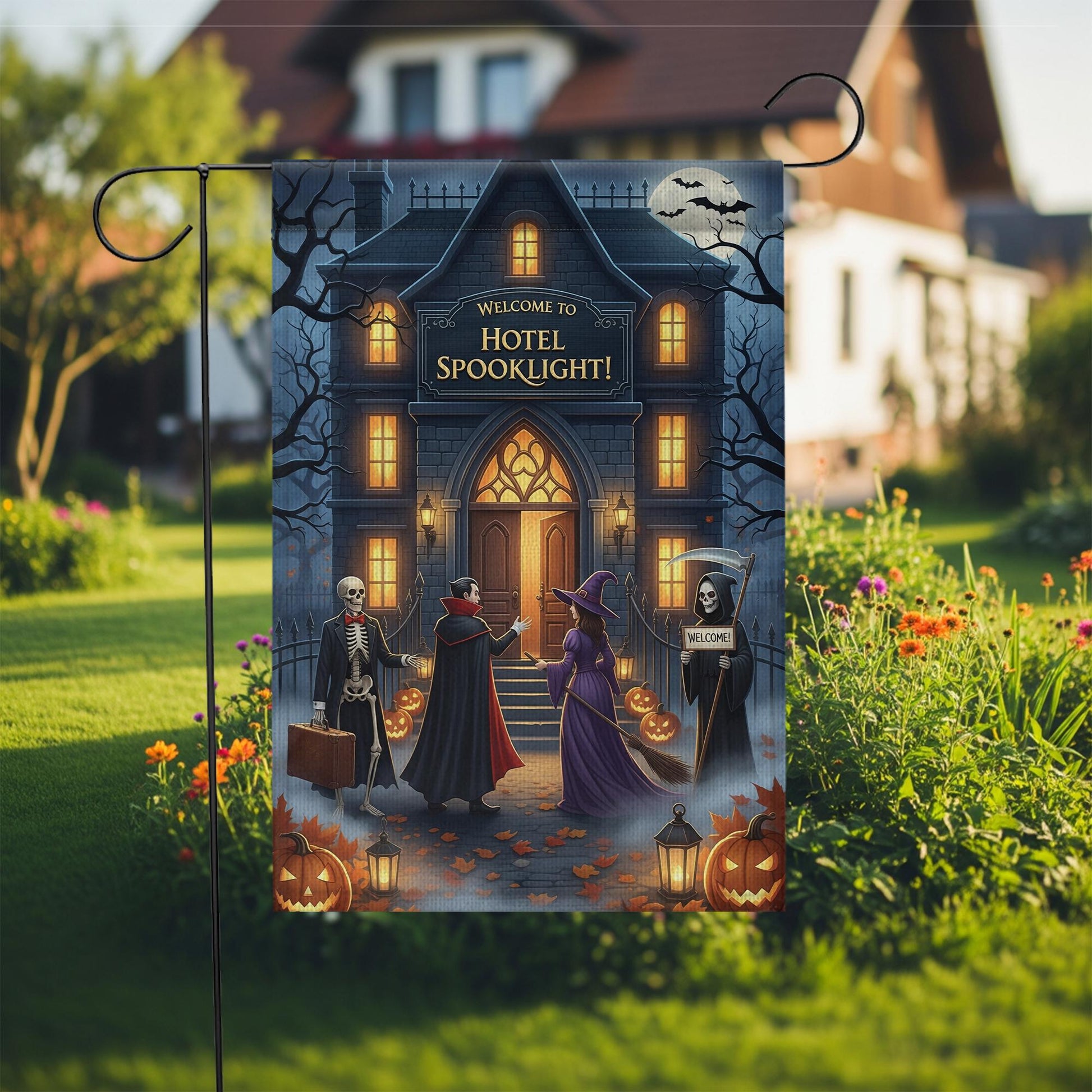 Hotel Spooklight Garden Flag – Halloween Haunted Hotel Yard Decor – Funny Dracula Witch Skeleton Banner – Grim Reaper Welcome Sign