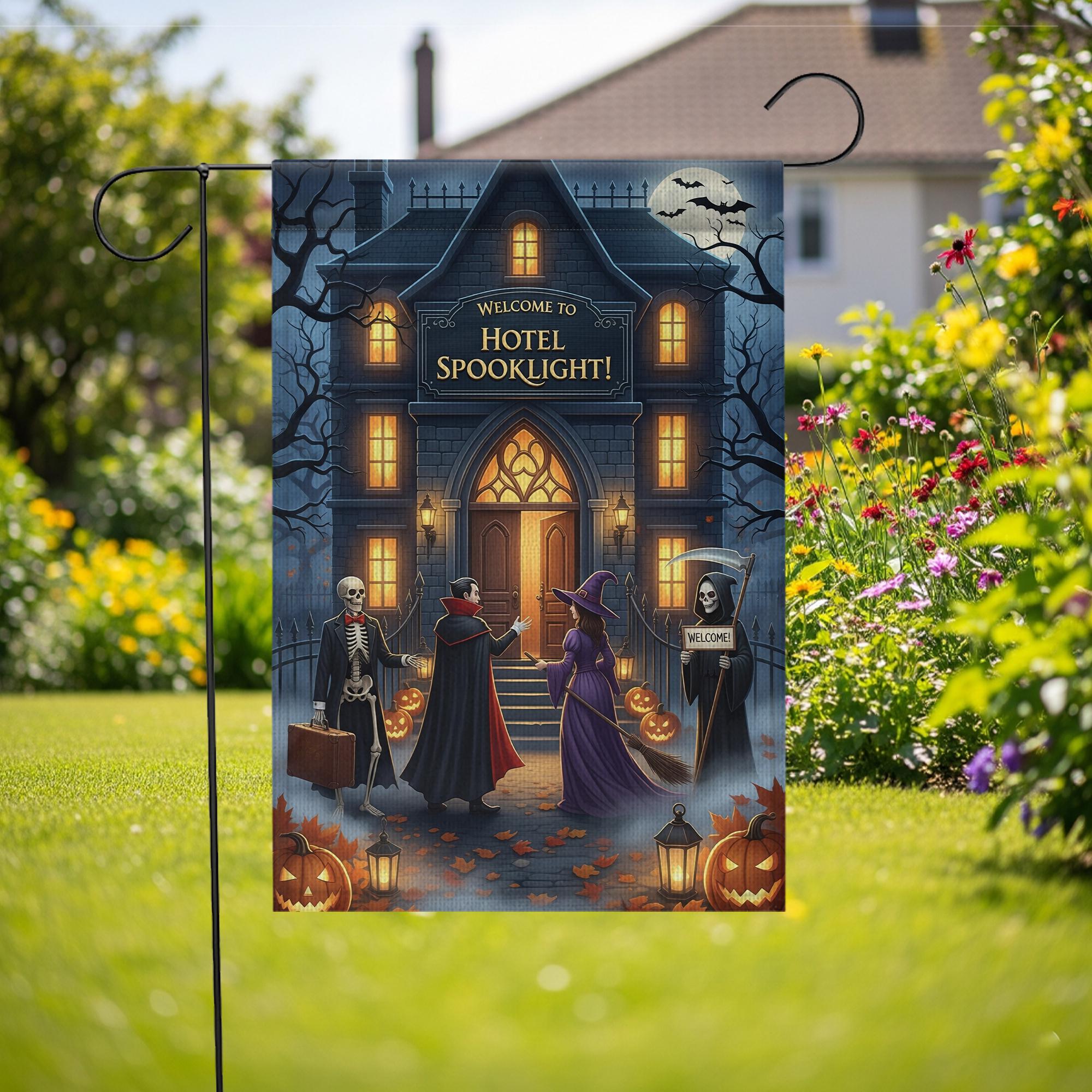Hotel Spooklight Garden Flag – Halloween Haunted Hotel Yard Decor – Funny Dracula Witch Skeleton Banner – Grim Reaper Welcome Sign