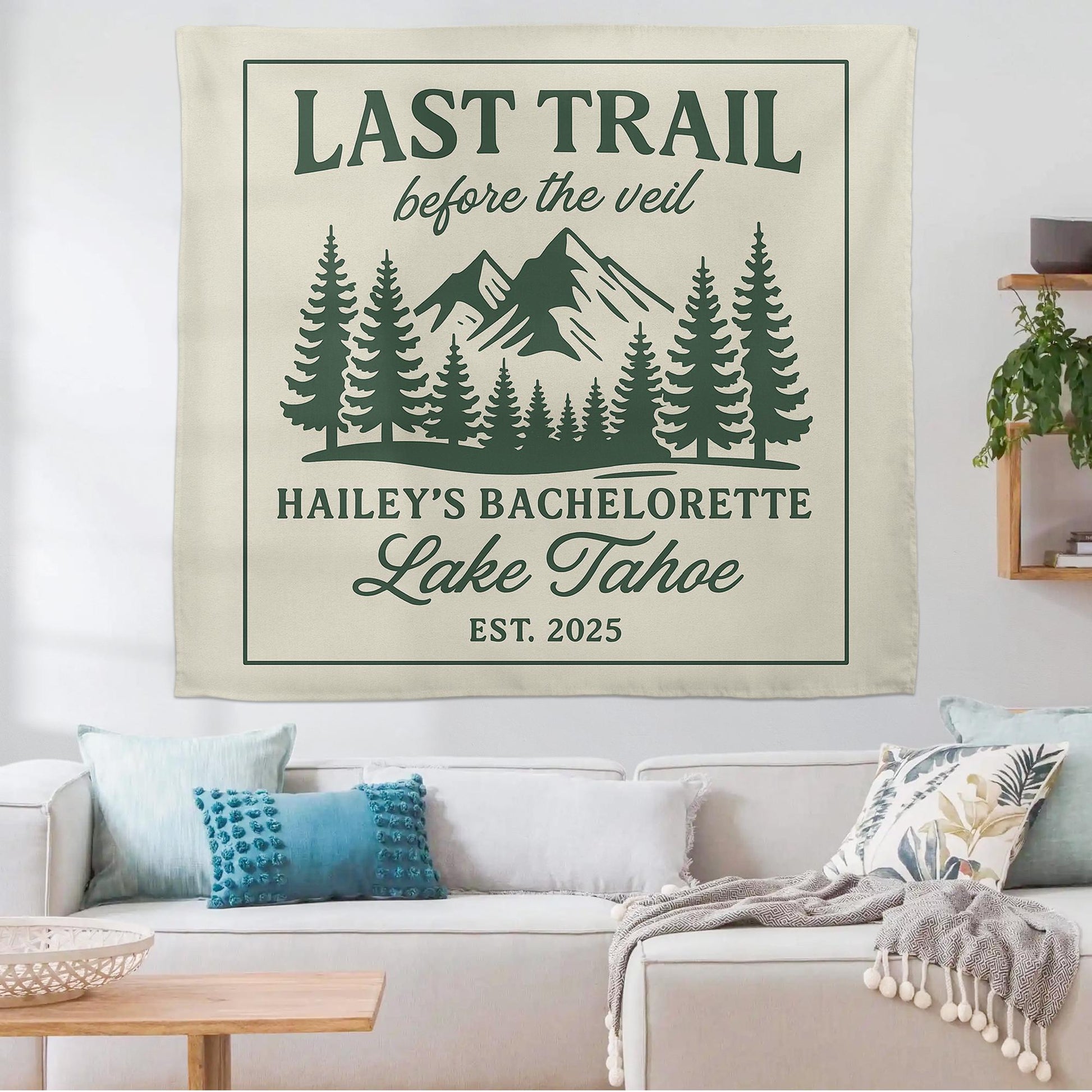 Last Trail Before the Veil Tapestry – Custom Bachelorette Hiking Trip Banner, Mountain Forest Design, Lake Tahoe Party Decor, Camping Flag