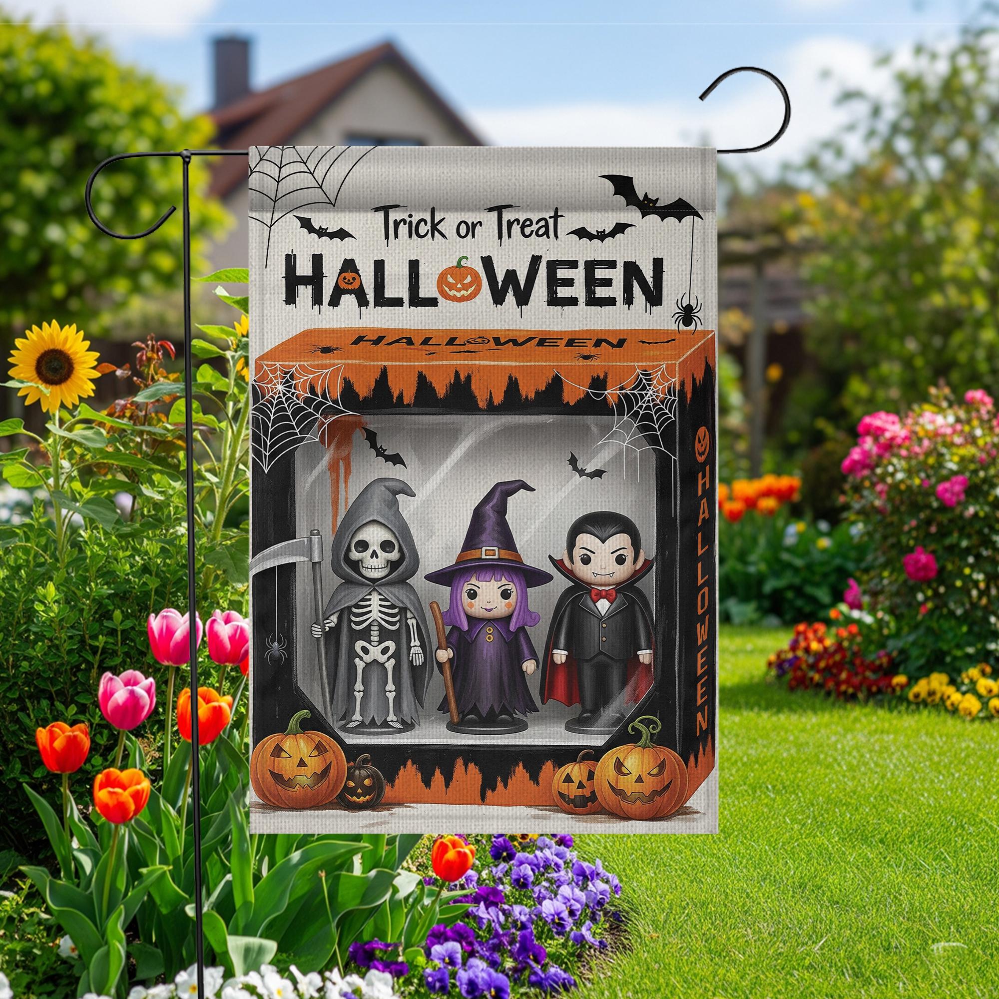 Trick or Treat Halloween Garden Flag, Spooky Yard Decor, Skeleton Witch Vampire Sign, Outdoor Fall Decoration, Festive Welcome Flag