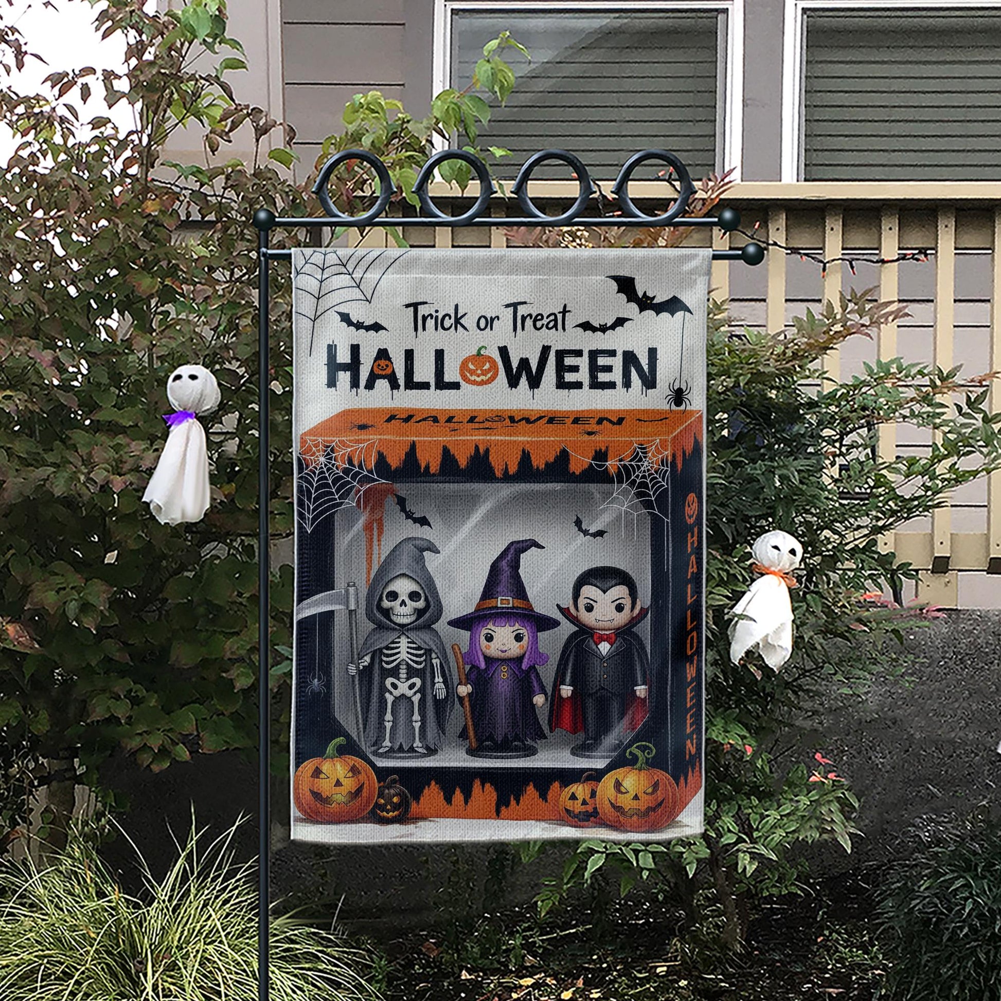 Trick or Treat Halloween Garden Flag, Spooky Yard Decor, Skeleton Witch Vampire Sign, Outdoor Fall Decoration, Festive Welcome Flag