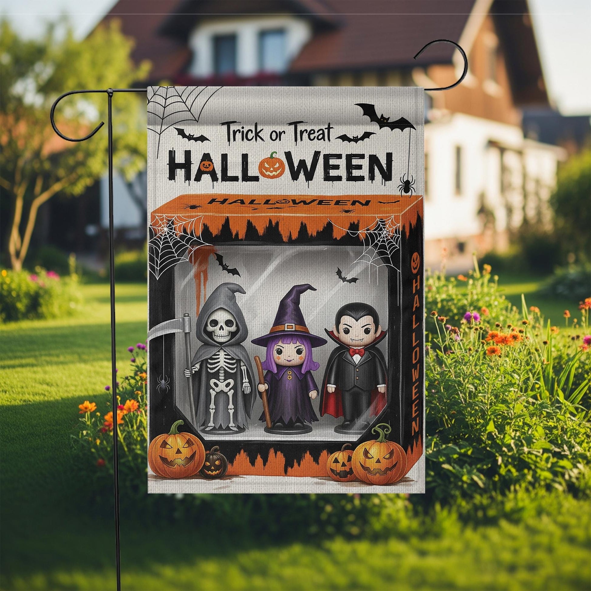 Trick or Treat Halloween Garden Flag, Spooky Yard Decor, Skeleton Witch Vampire Sign, Outdoor Fall Decoration, Festive Welcome Flag