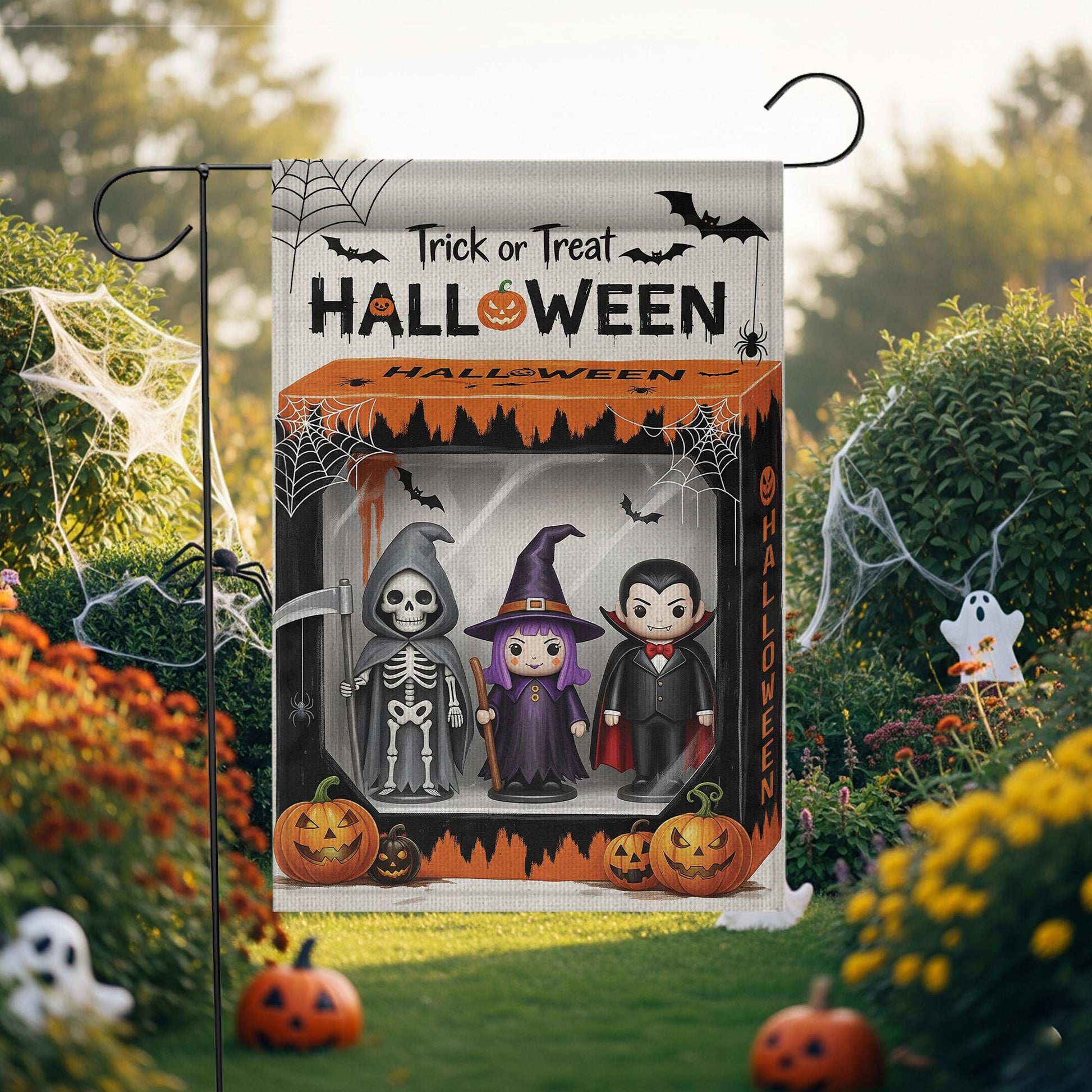 Trick or Treat Halloween Garden Flag, Spooky Yard Decor, Skeleton Witch Vampire Sign, Outdoor Fall Decoration, Festive Welcome Flag
